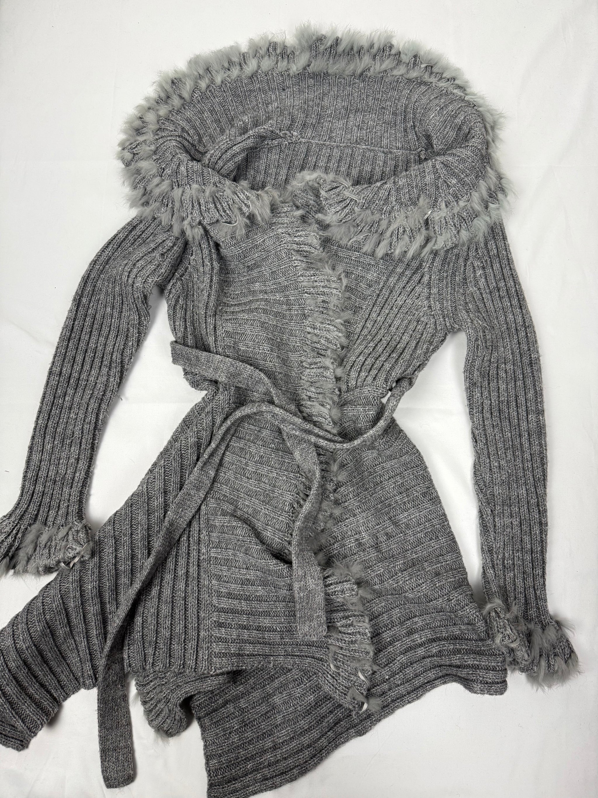 Grey faux fur neck wool maxi cardigan jumper (S/M)