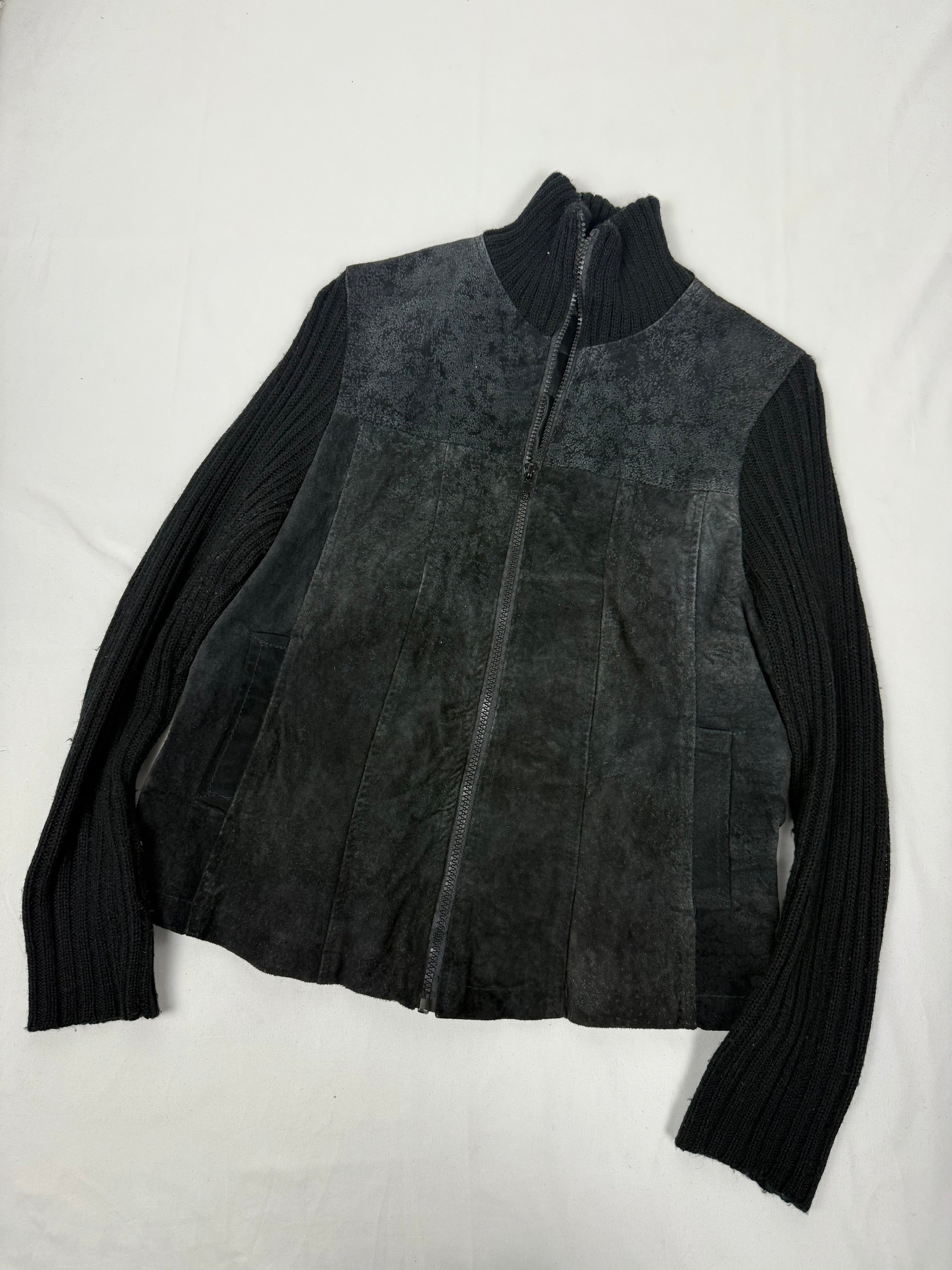 Black bi fabric 100% real suede leather knitted jacket (M)
