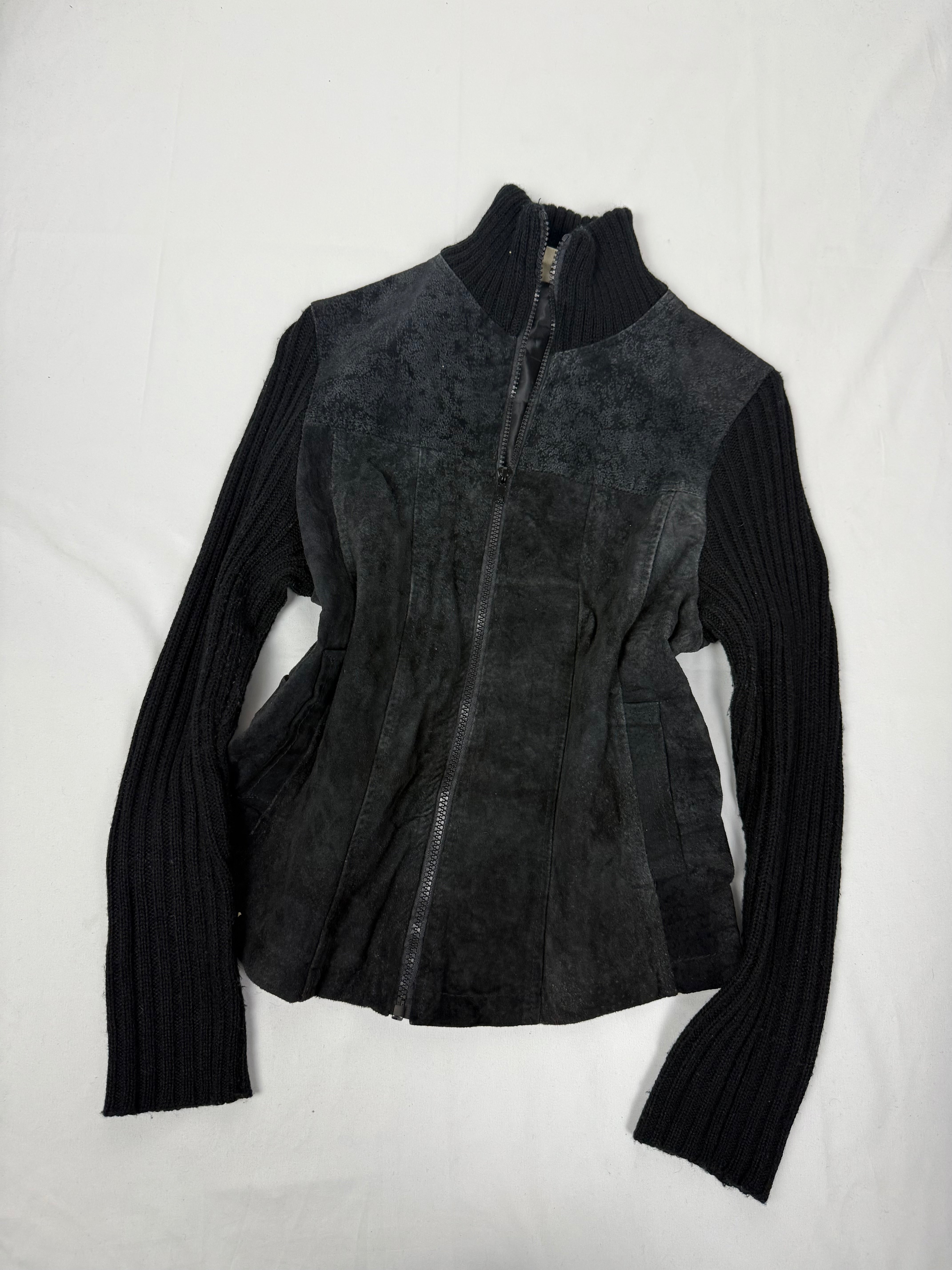 Black bi fabric 100% real suede leather knitted jacket (M)