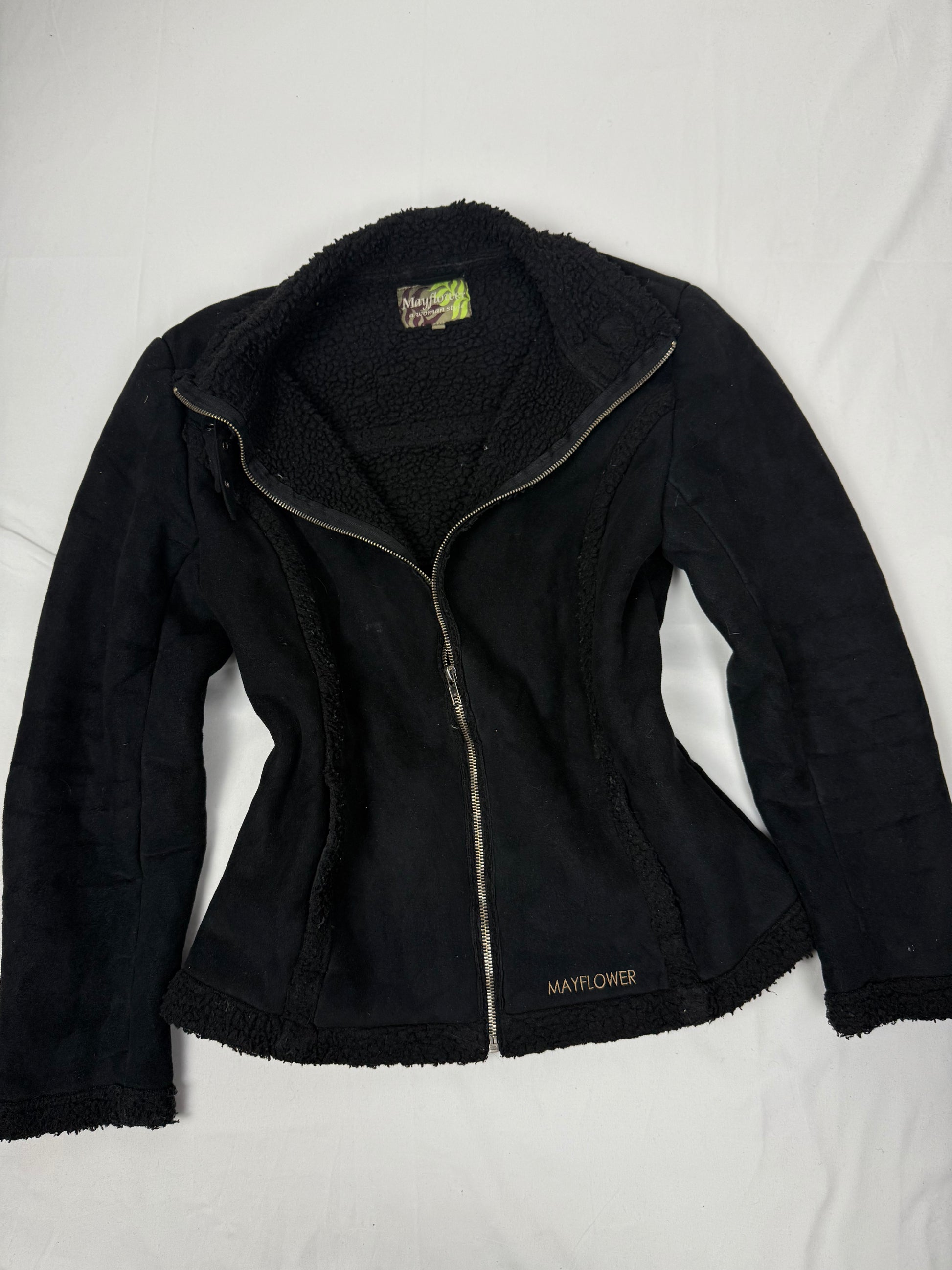 Black inside fleece faux fur suede tight fit jacket (M)