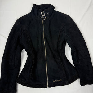 Black inside fleece faux fur suede tight fit jacket (M)