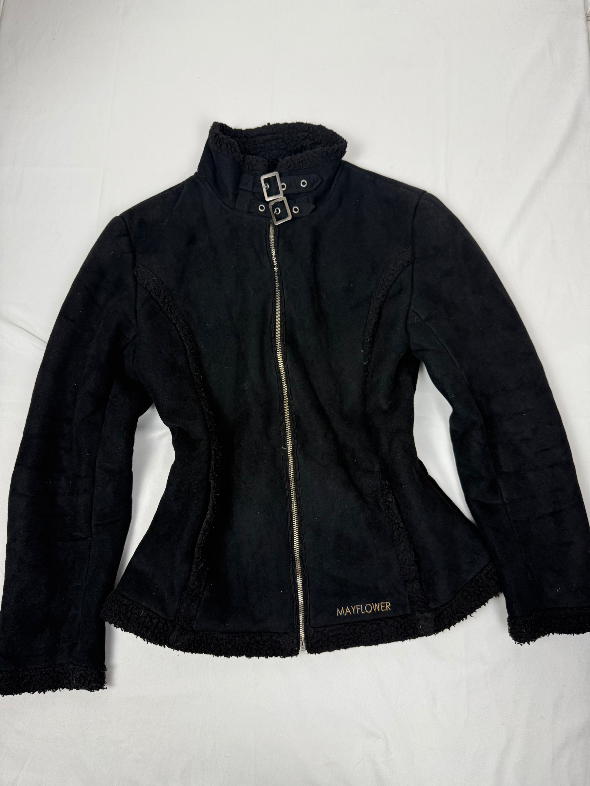 Black inside fleece faux fur suede tight fit jacket (M)
