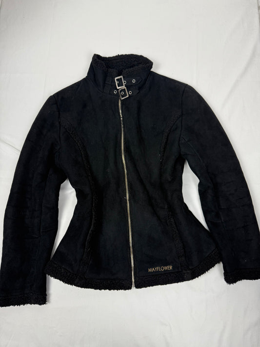 Black inside fleece faux fur suede tight fit jacket (M)