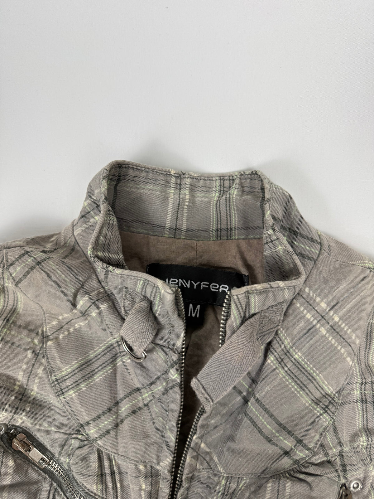 Grey check print zip up jacket (M)