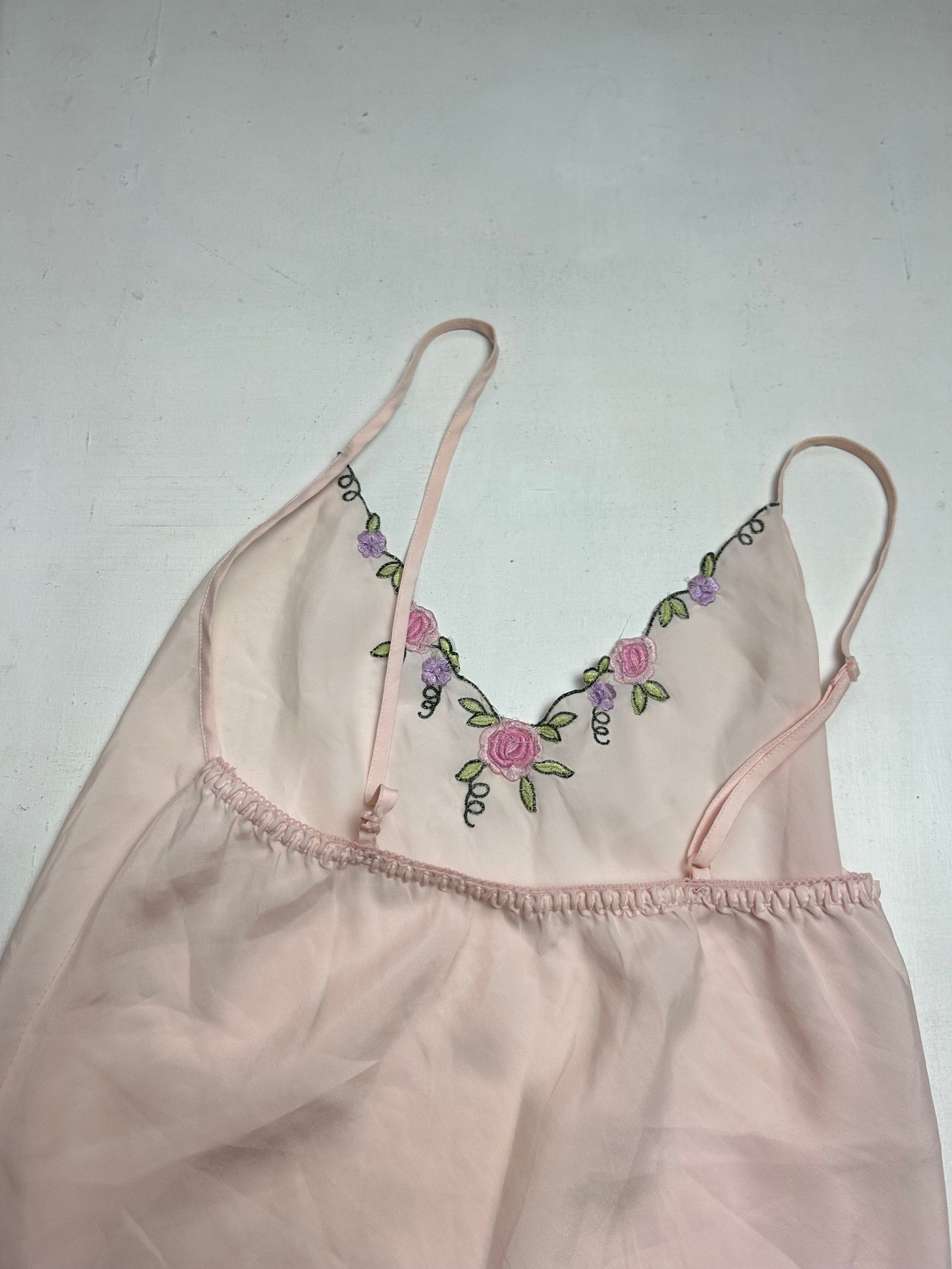 Baby pink embroidered floral print babydoll dress (S/M)