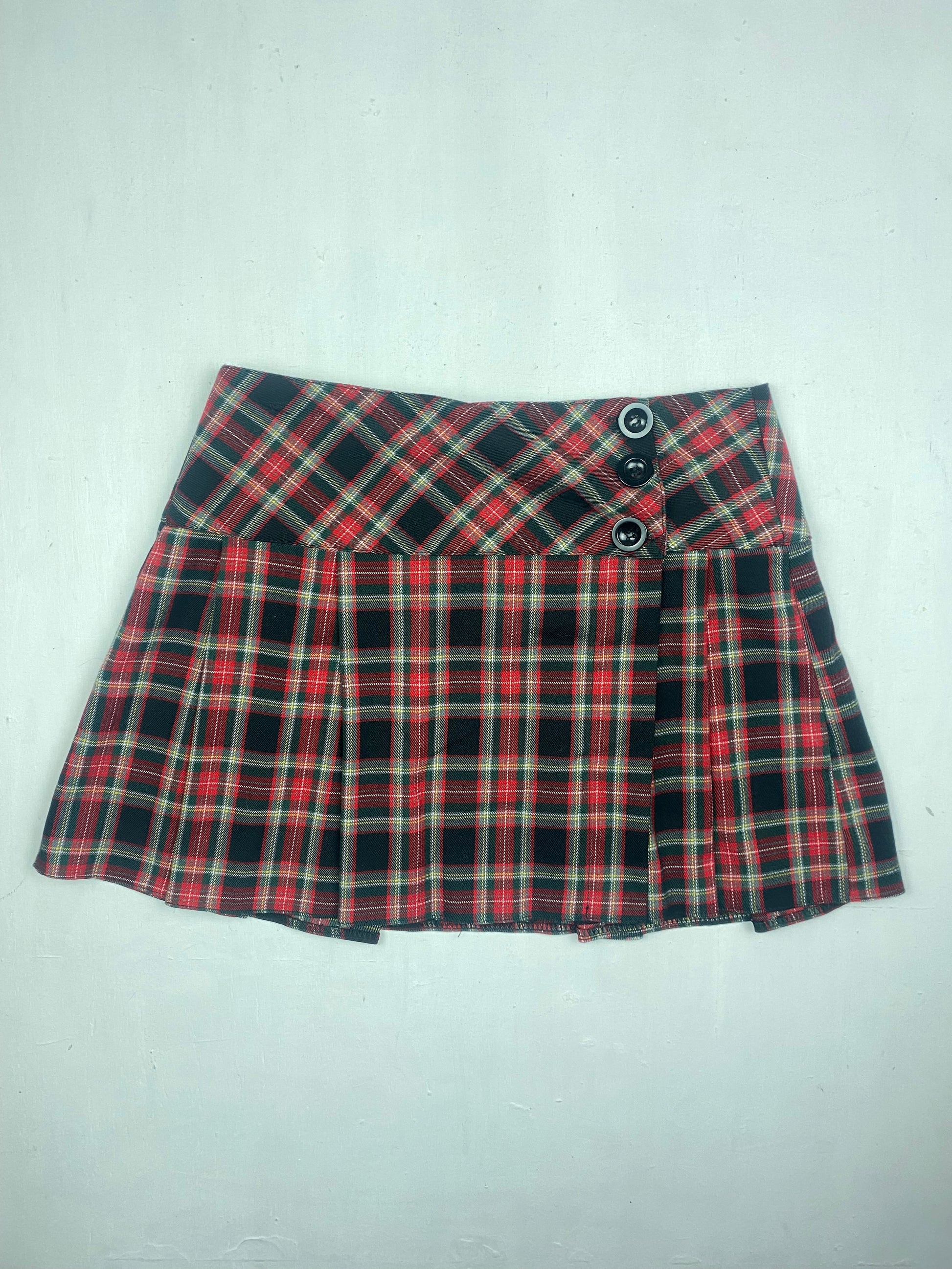 Red check pleated low rise mini skirt (S)