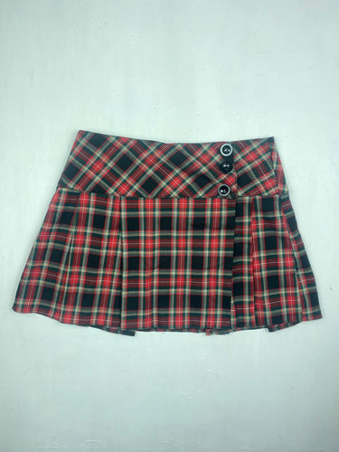 Red check pleated low rise mini skirt (S)