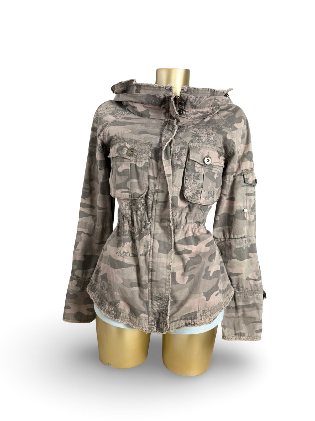 Khaki camo print zip up hooded jacket (M)