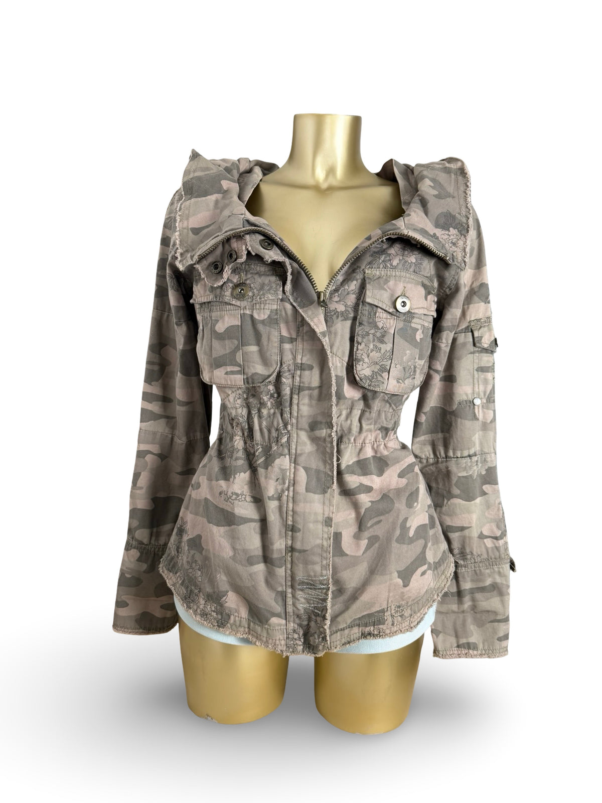 Khaki camo print zip up hooded jacket (M)