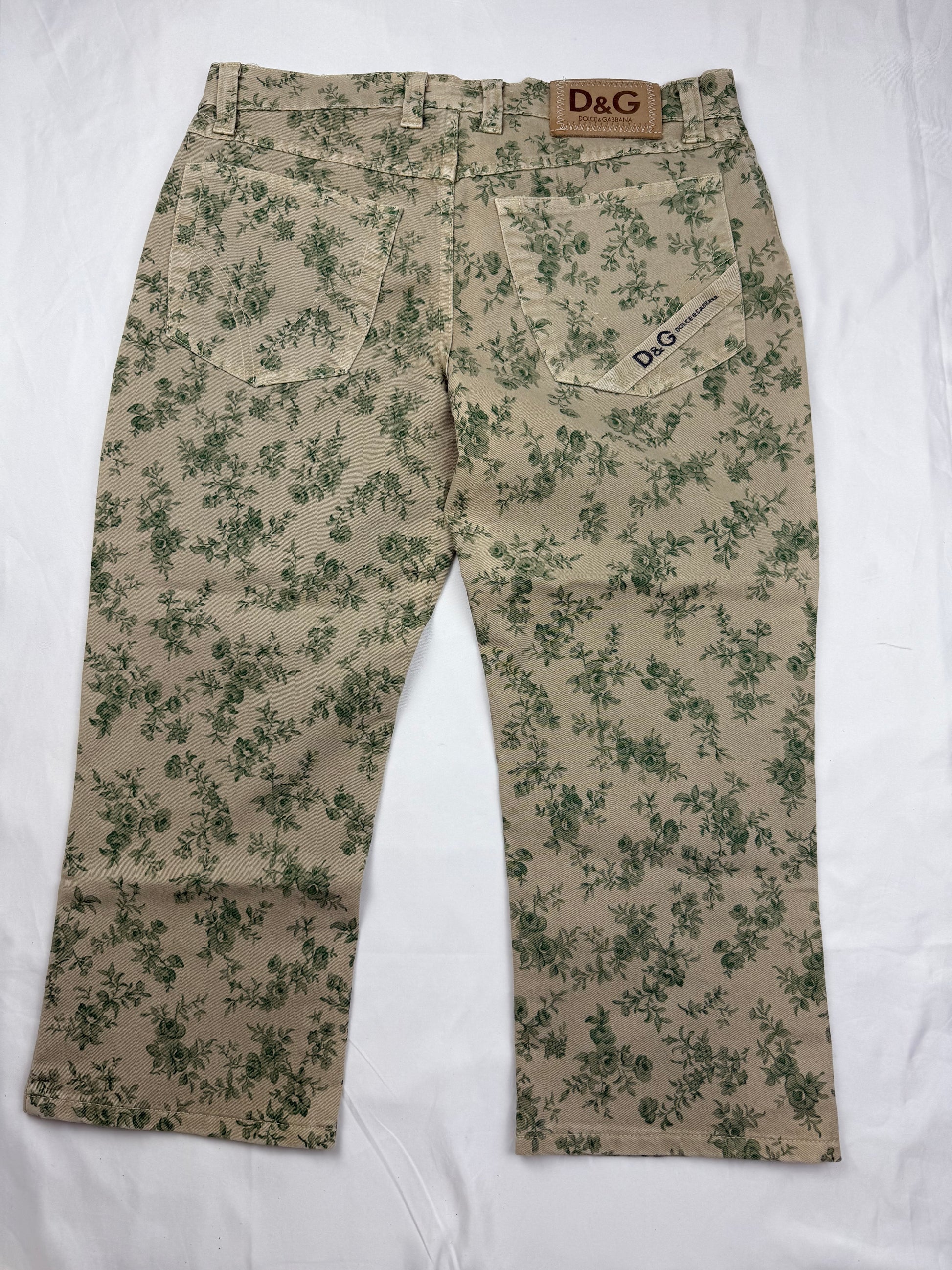Khaki floral denim low rise capri pants (S)