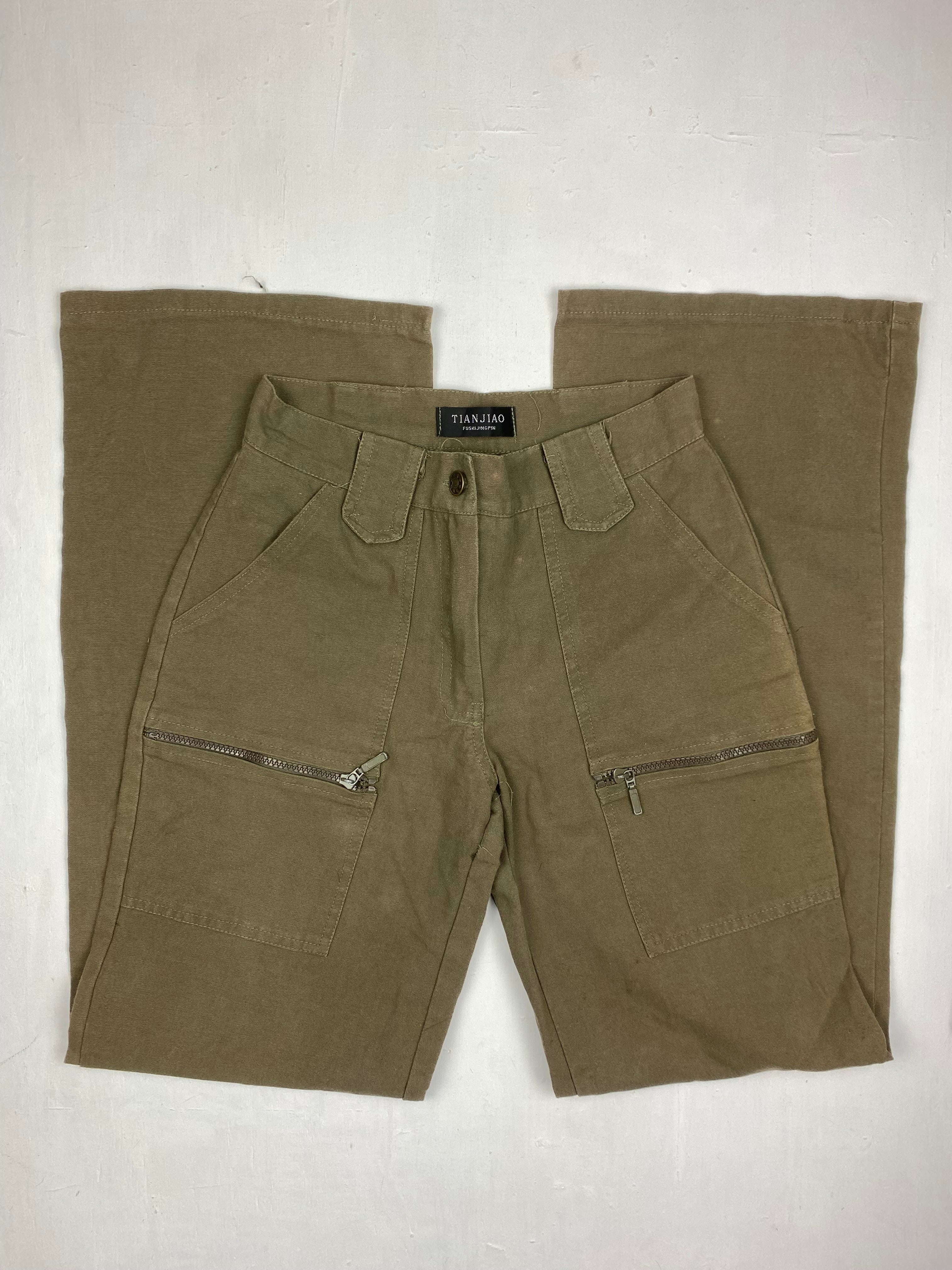 Khaki denim low rise flare pants (S)