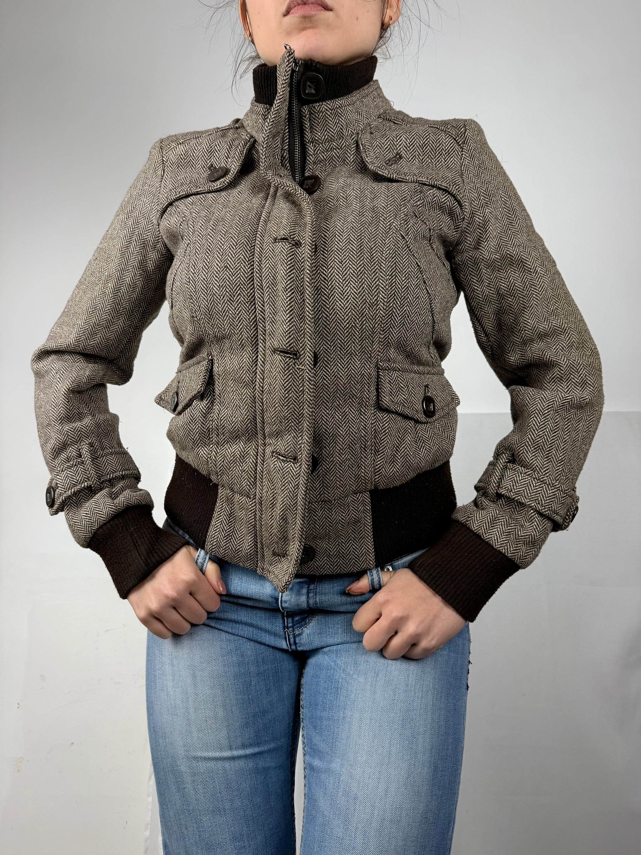 Brown check print biker jacket (M)