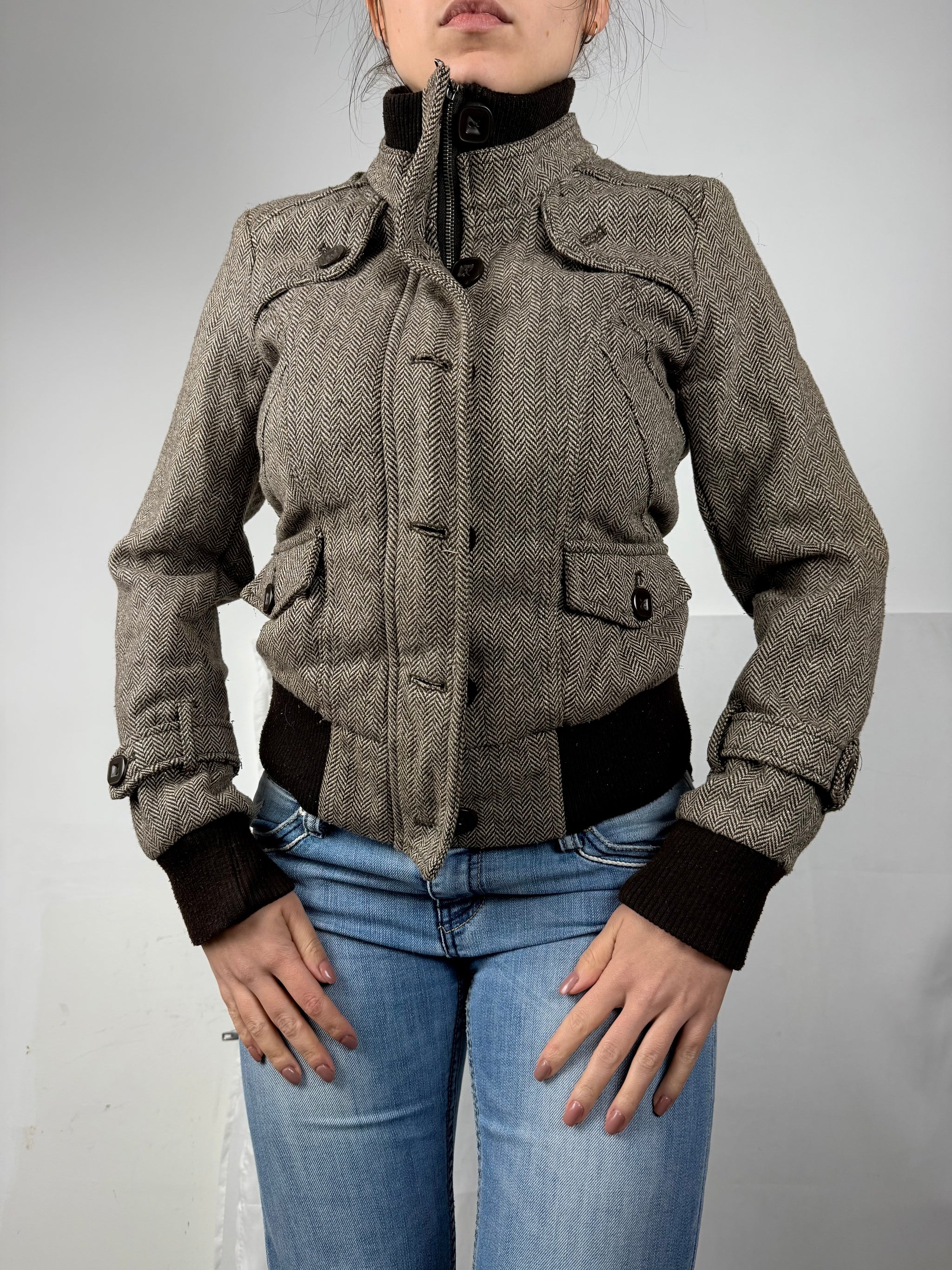 Brown check print biker jacket (M)