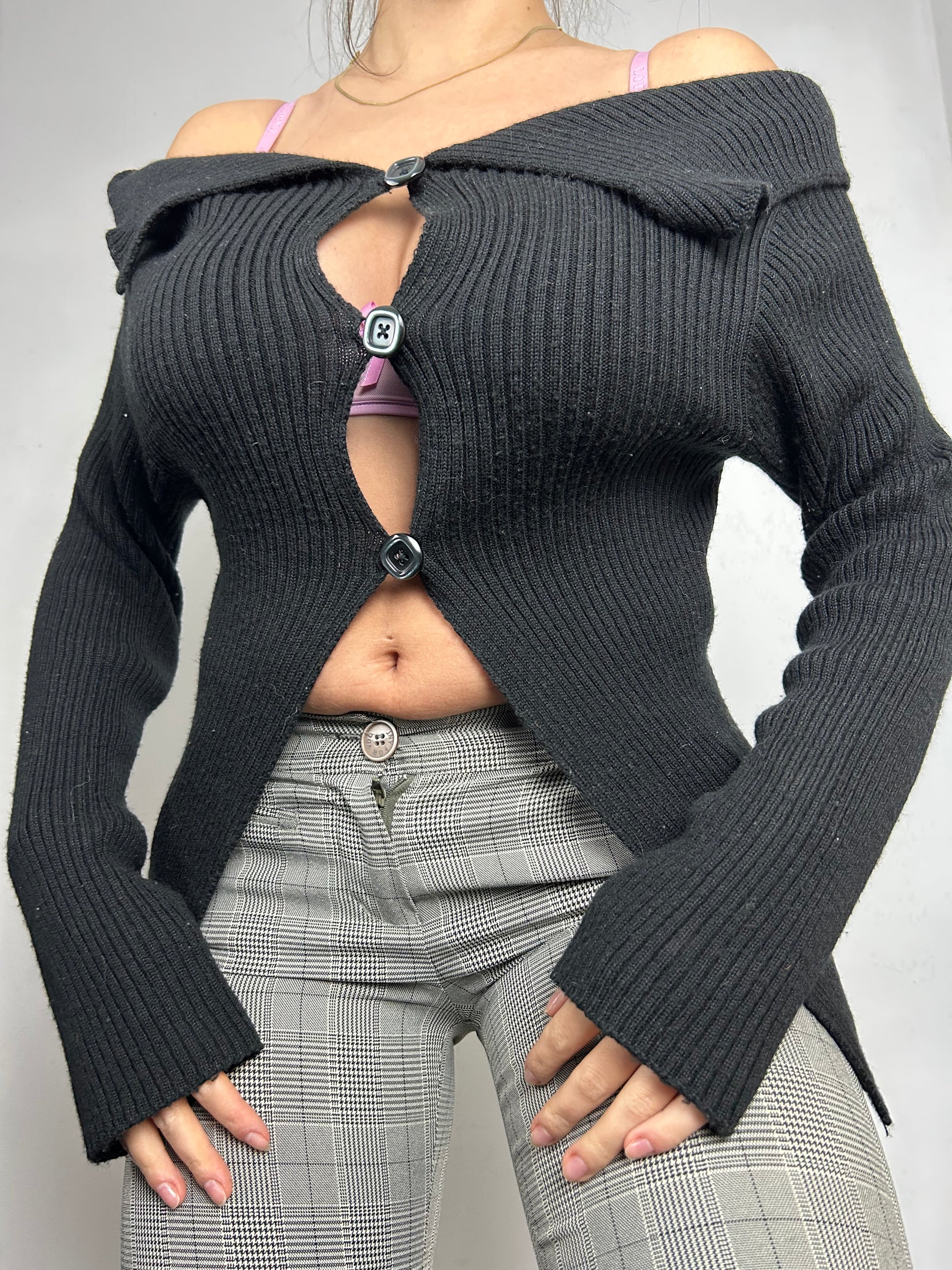 Black ribbed bardot neck open front jumper (S/M)