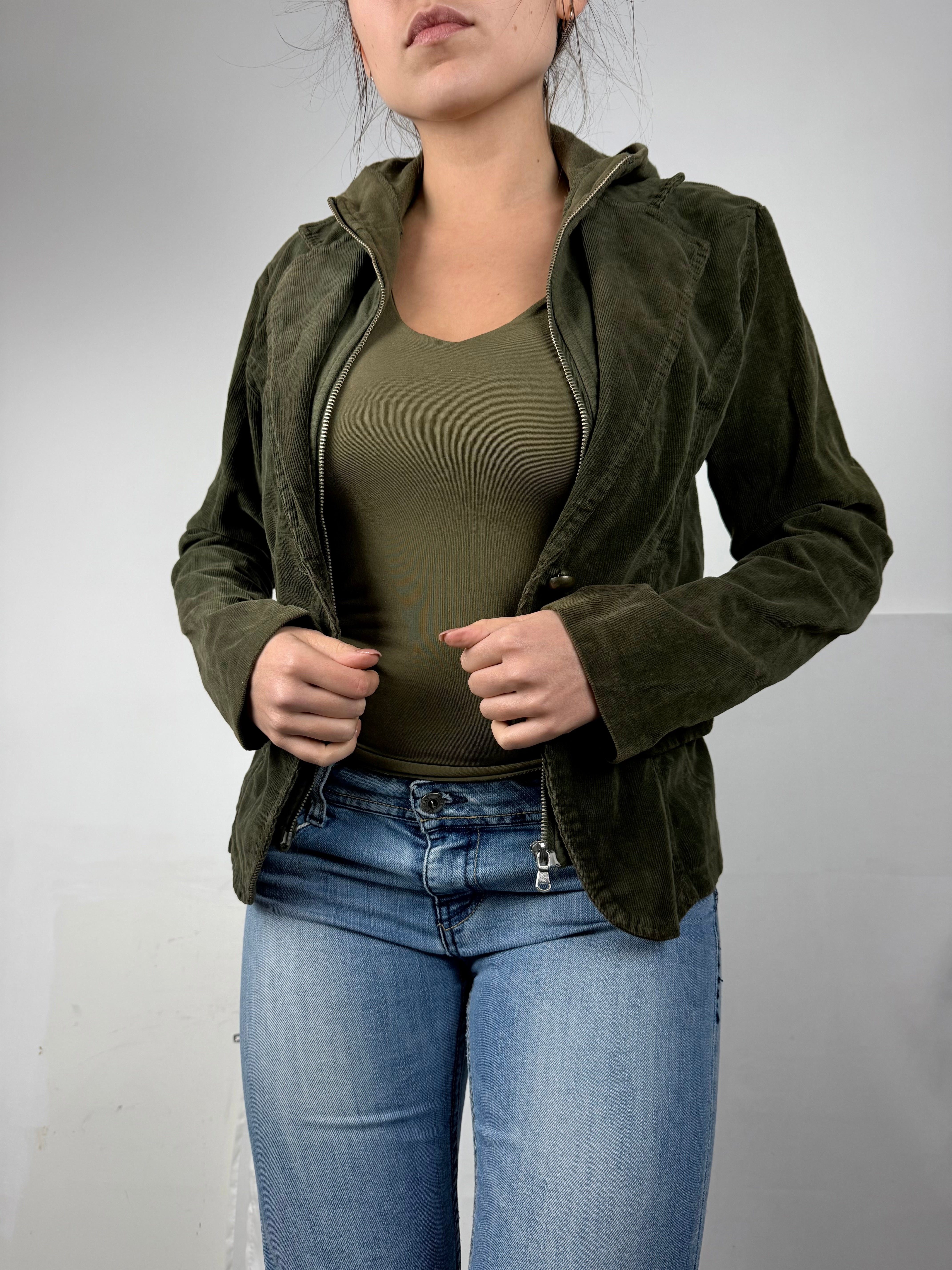 Khaki zip up hooded biker jacket (S/M)