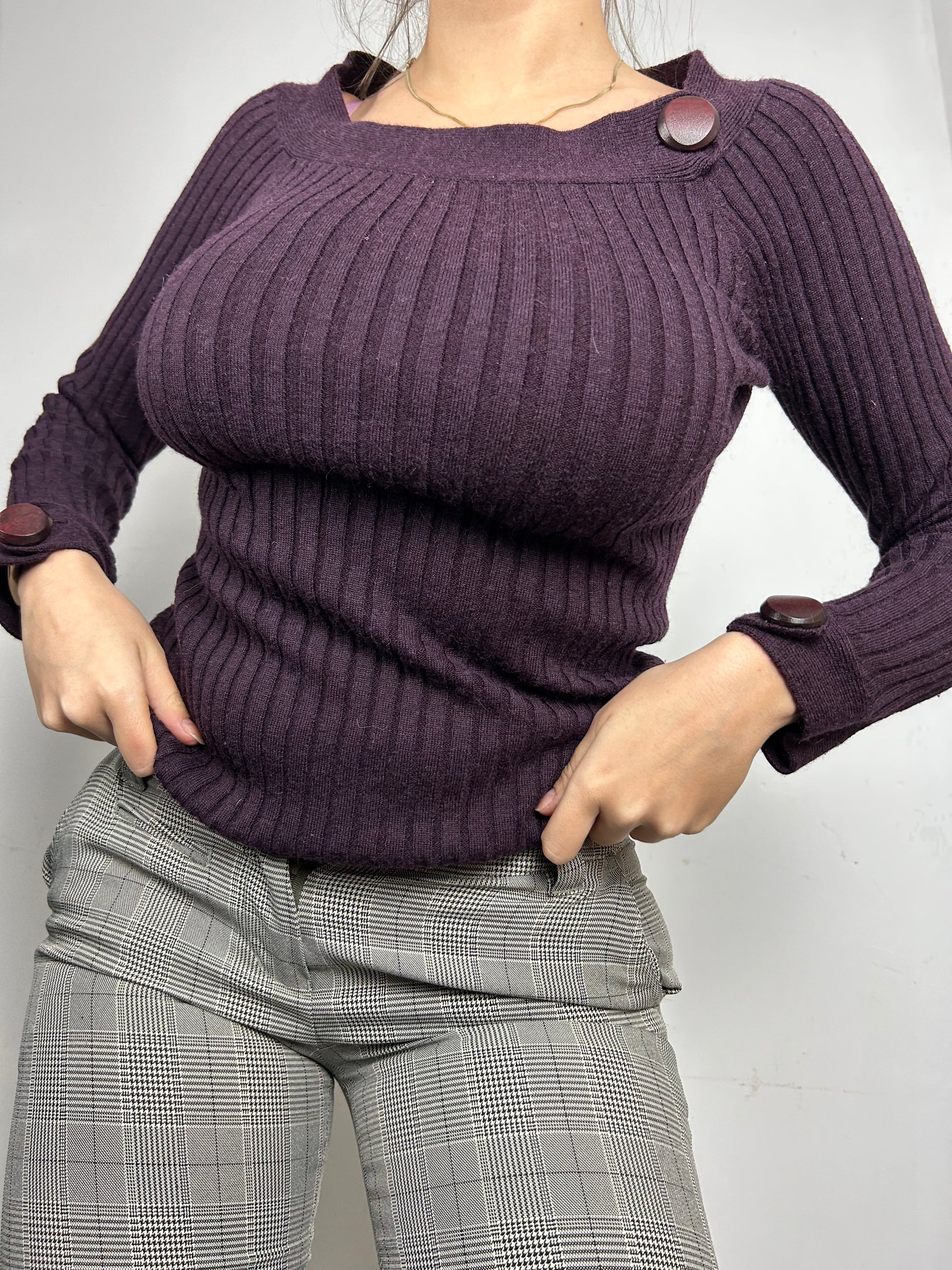 Purple ribbed bardot jumper (XS)