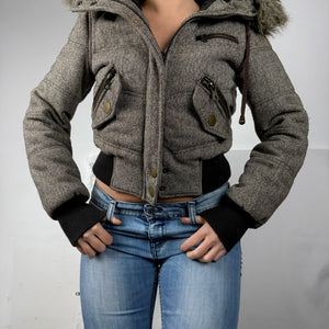 Beige hooded faux fur & wool puffer jacket (S)