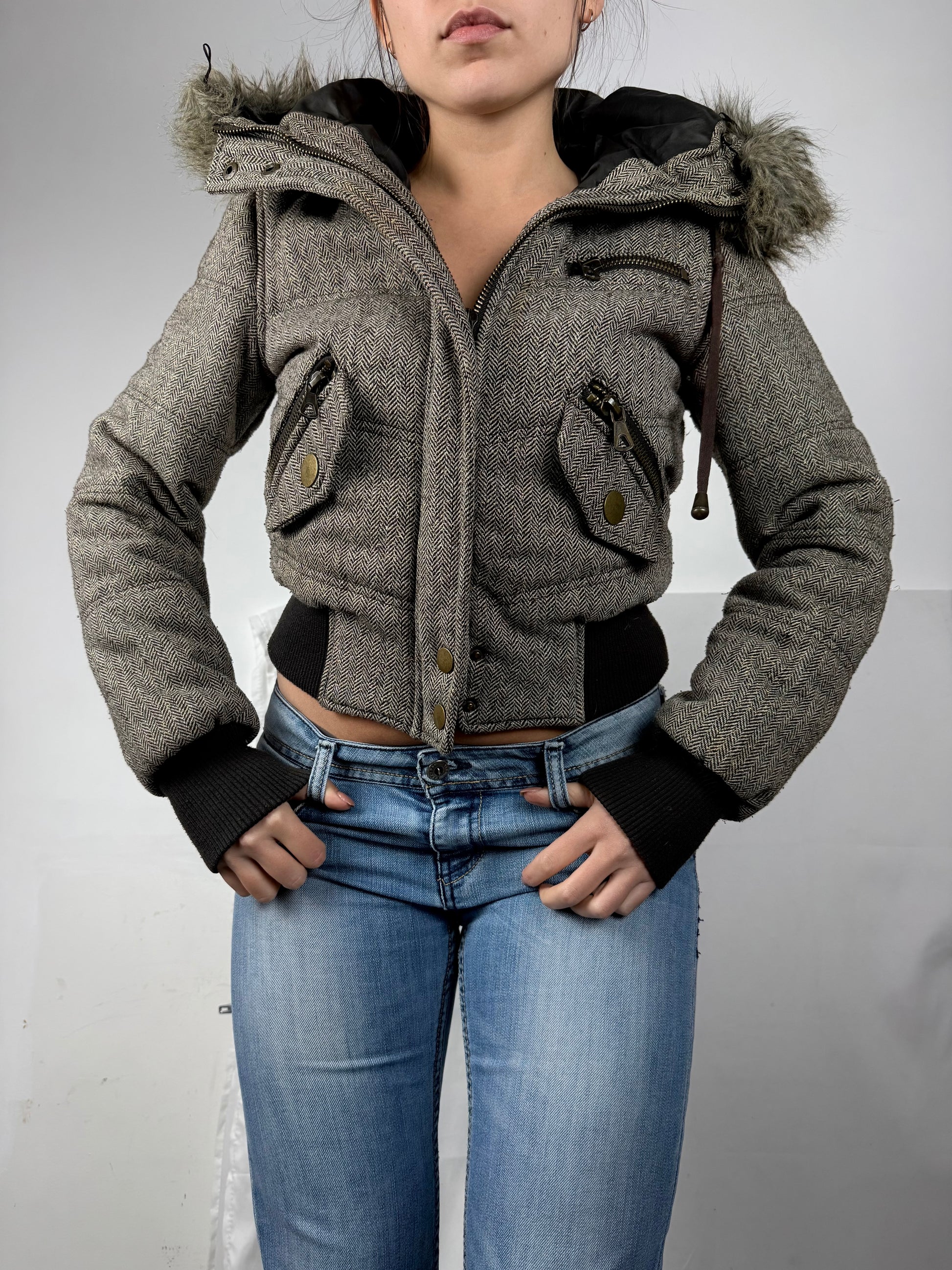 Beige hooded faux fur & wool puffer jacket (S)