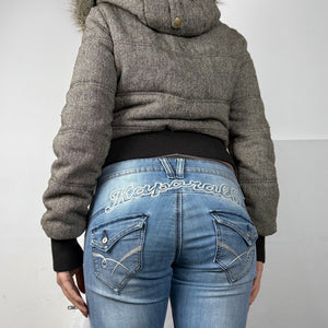 Beige hooded faux fur & wool puffer jacket (S)