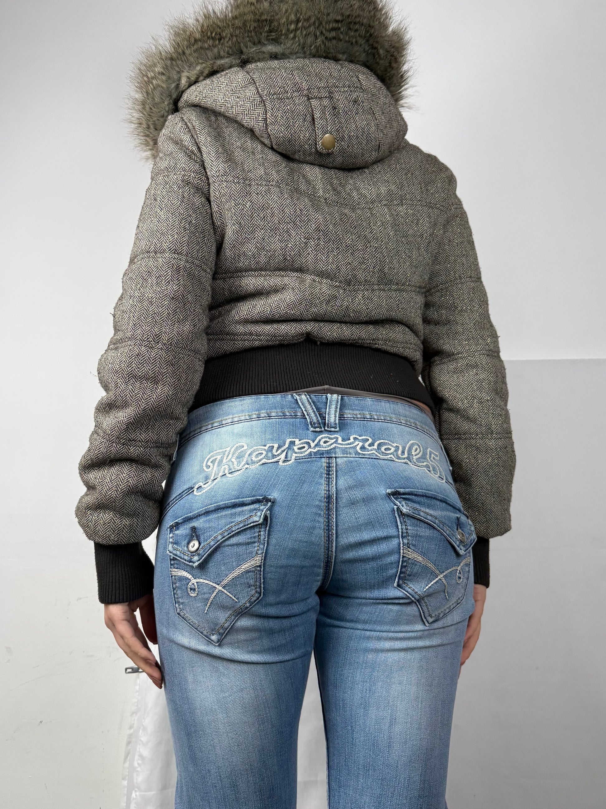 Beige hooded faux fur & wool puffer jacket (S)