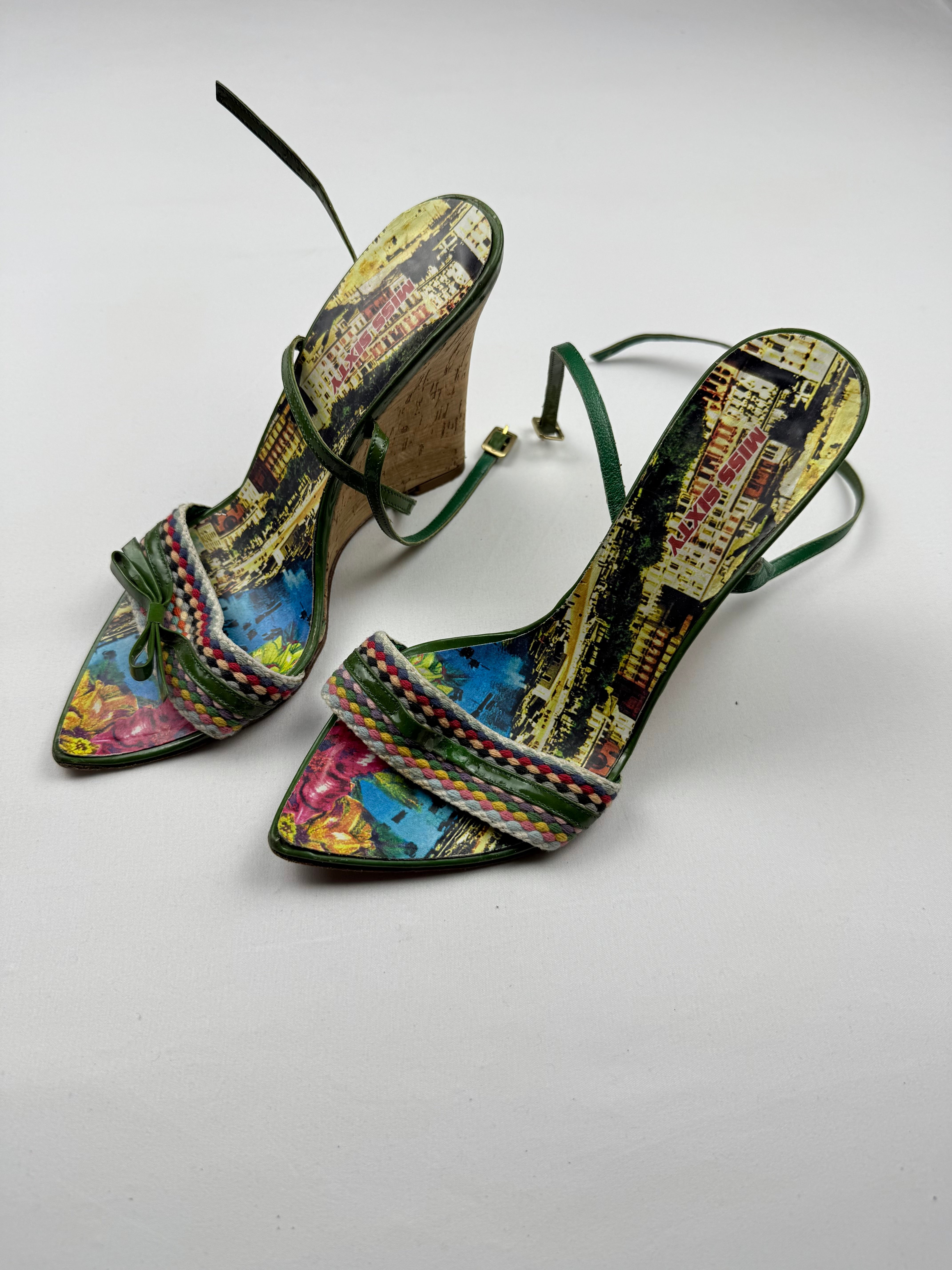 Green leather pointed toes wedge heels (37)