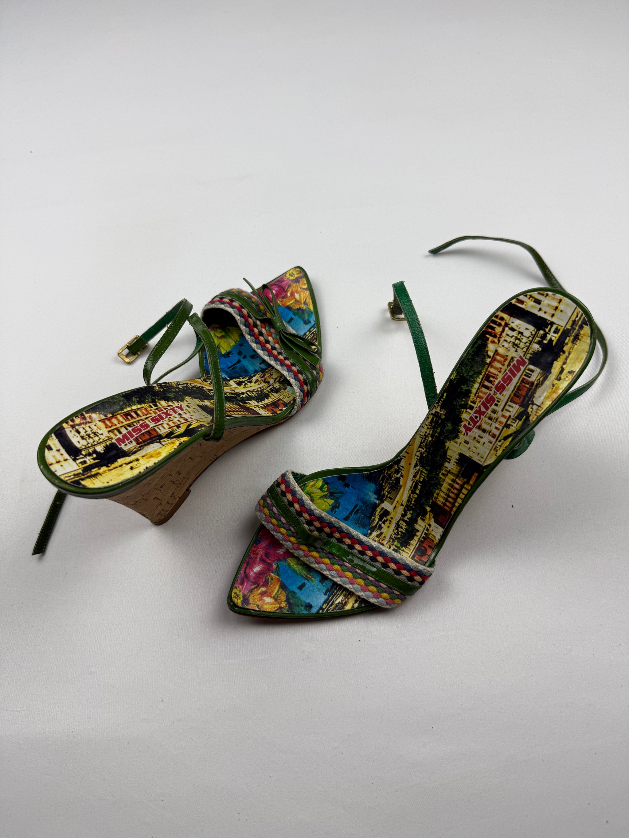 Green leather pointed toes wedge heels (37)