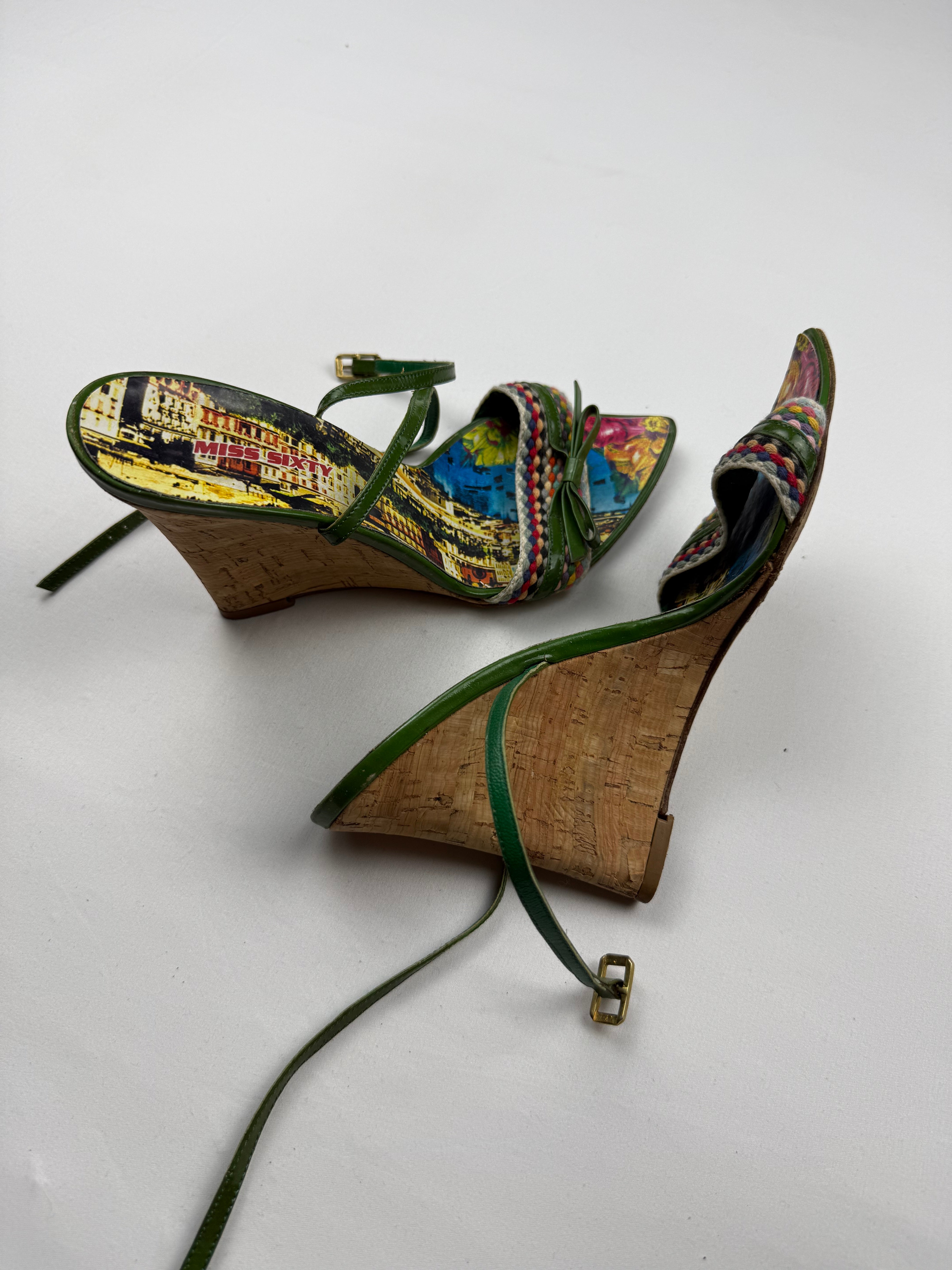 Green leather pointed toes wedge heels (37)