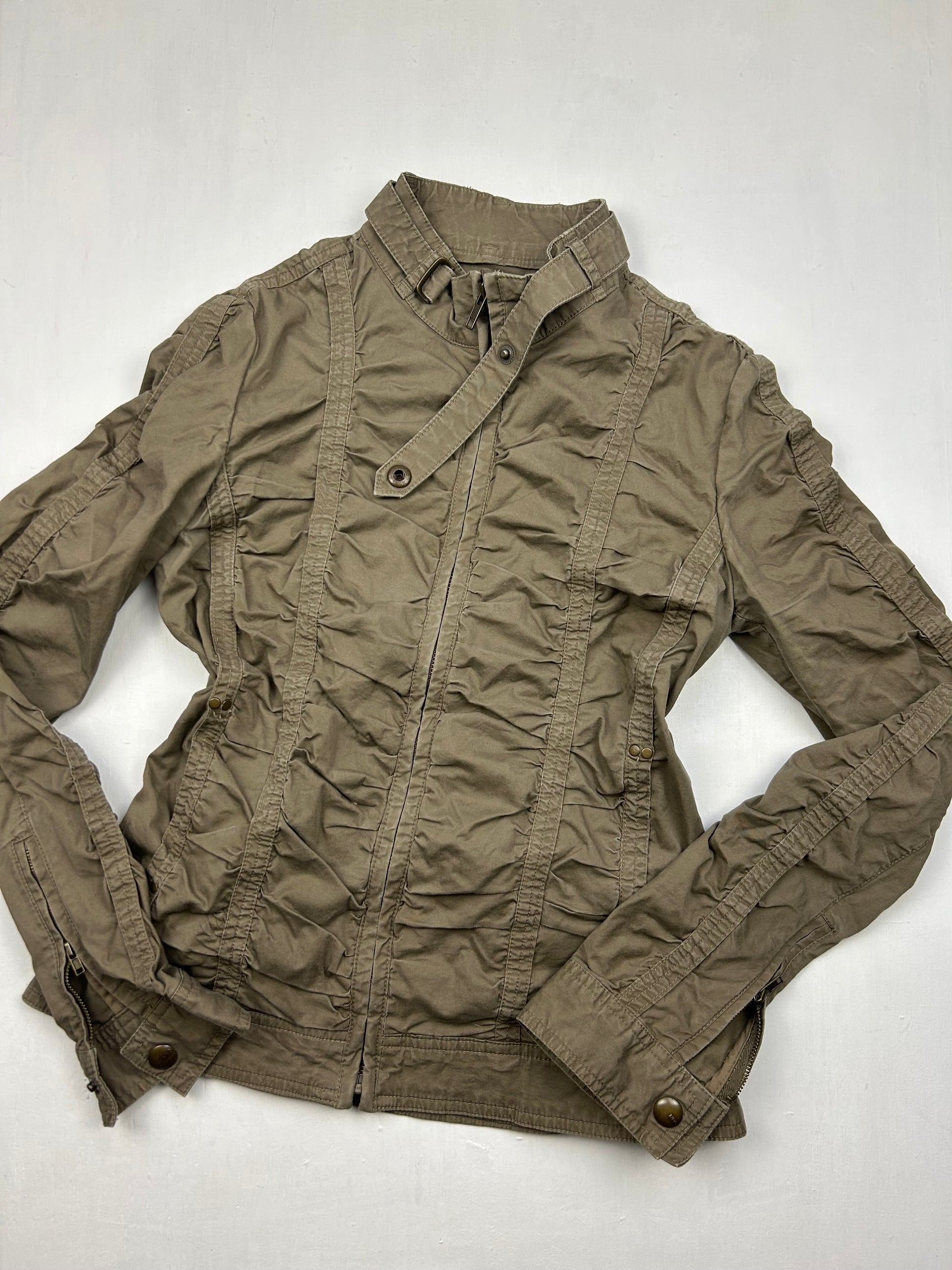 Khaki ruched zip up biker jacket (XS)