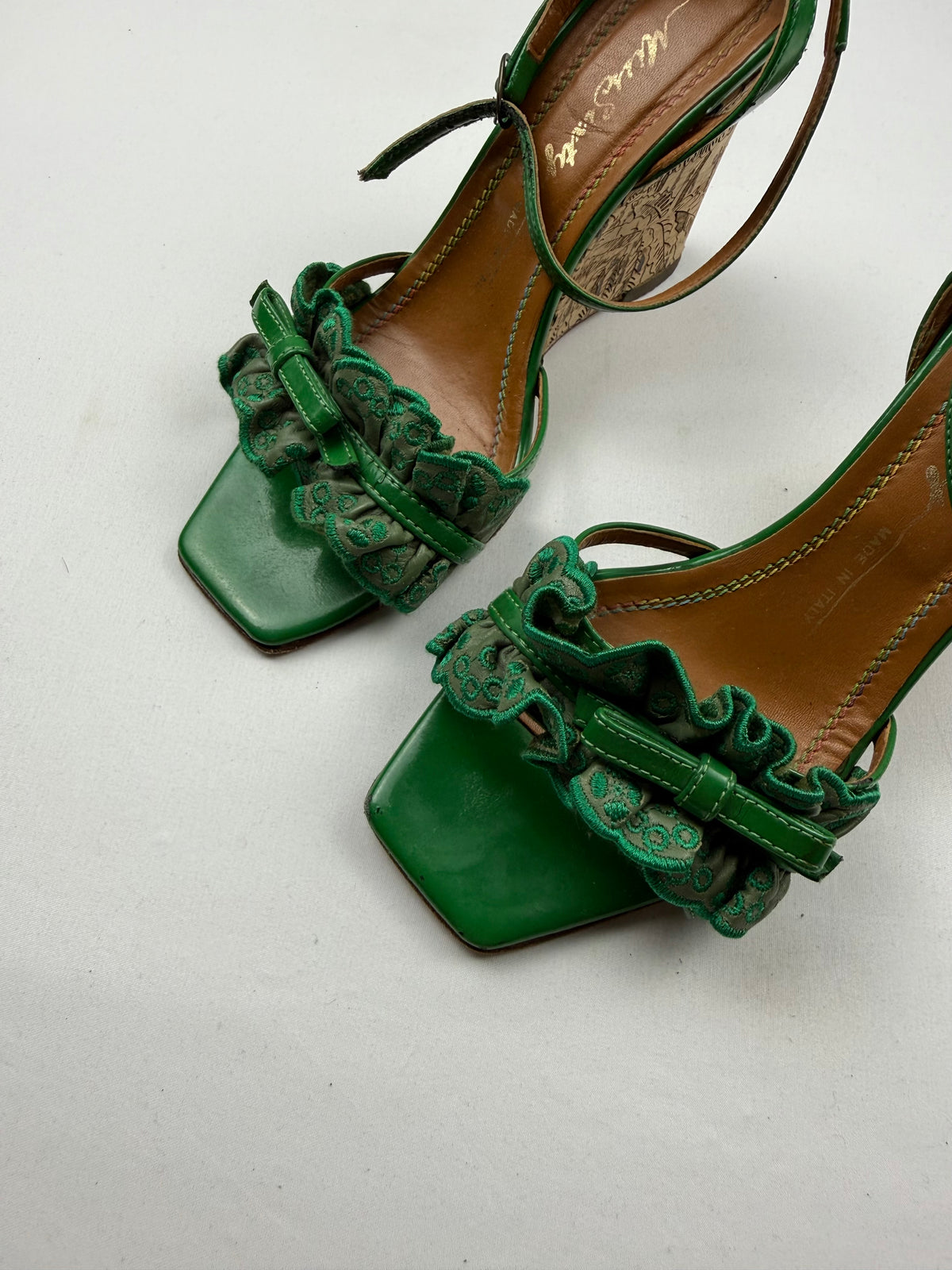 Green leather square toes wedge heels (36)