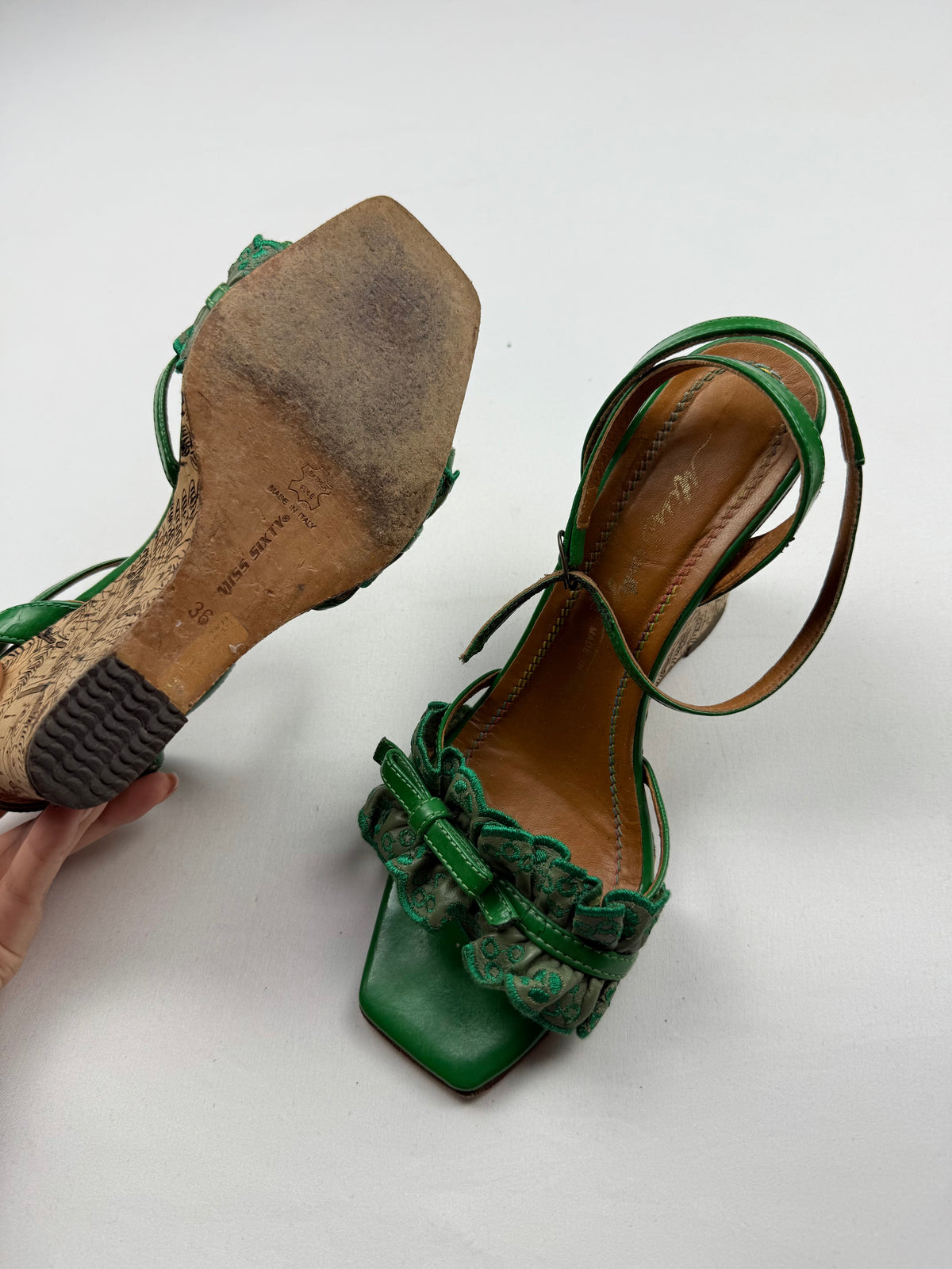 Green leather square toes wedge heels (36)