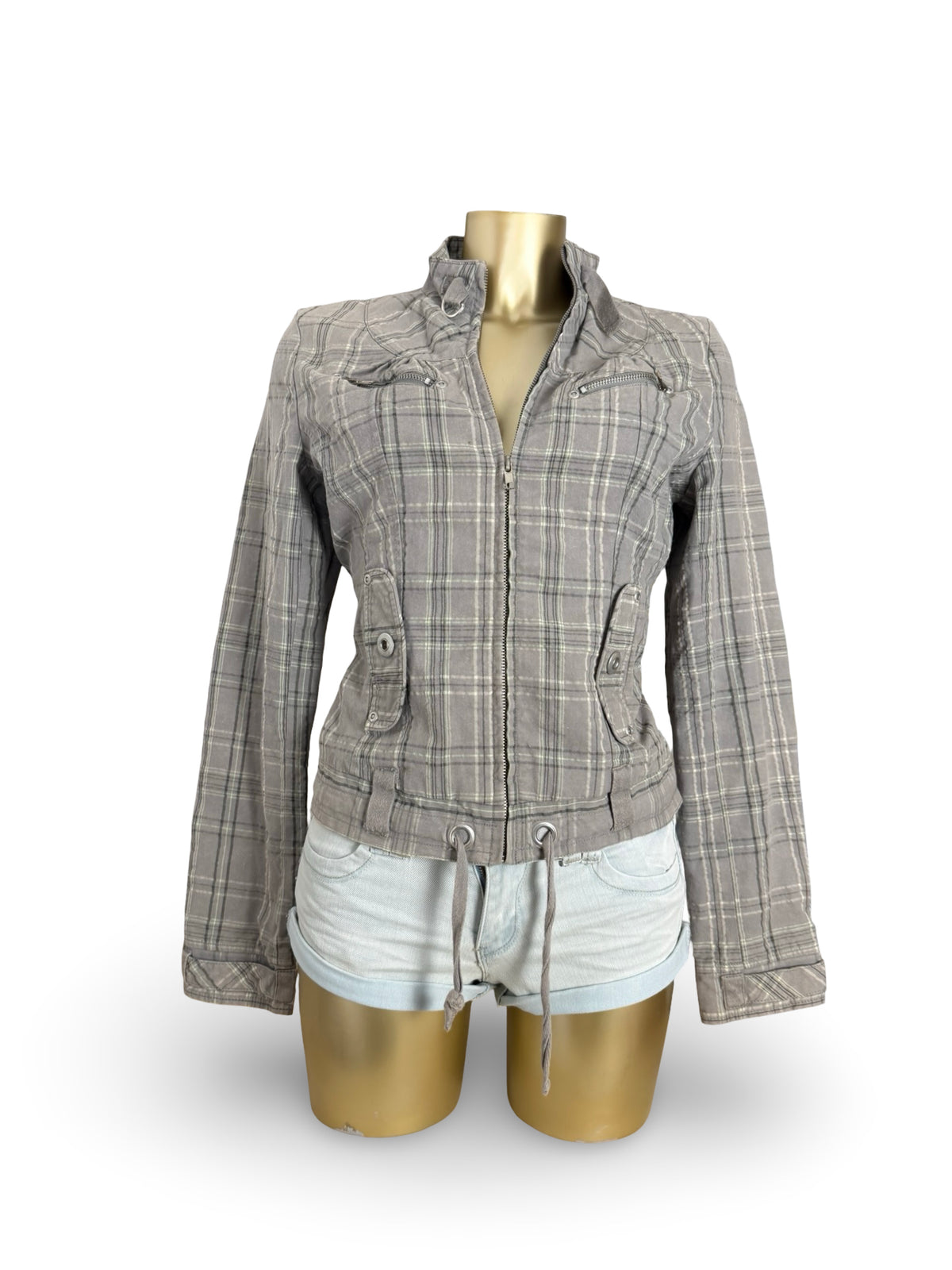Grey check print zip up jacket (M)