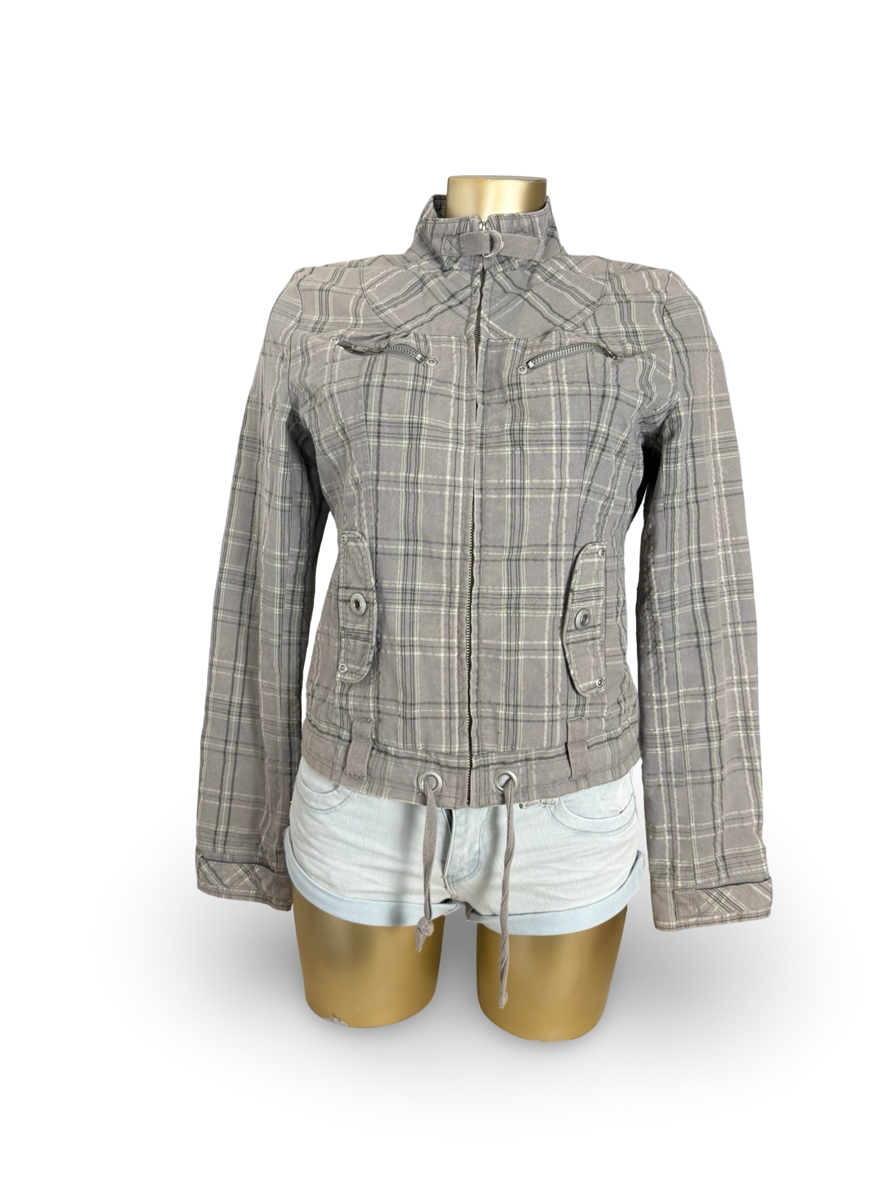 Grey check print zip up jacket (M)