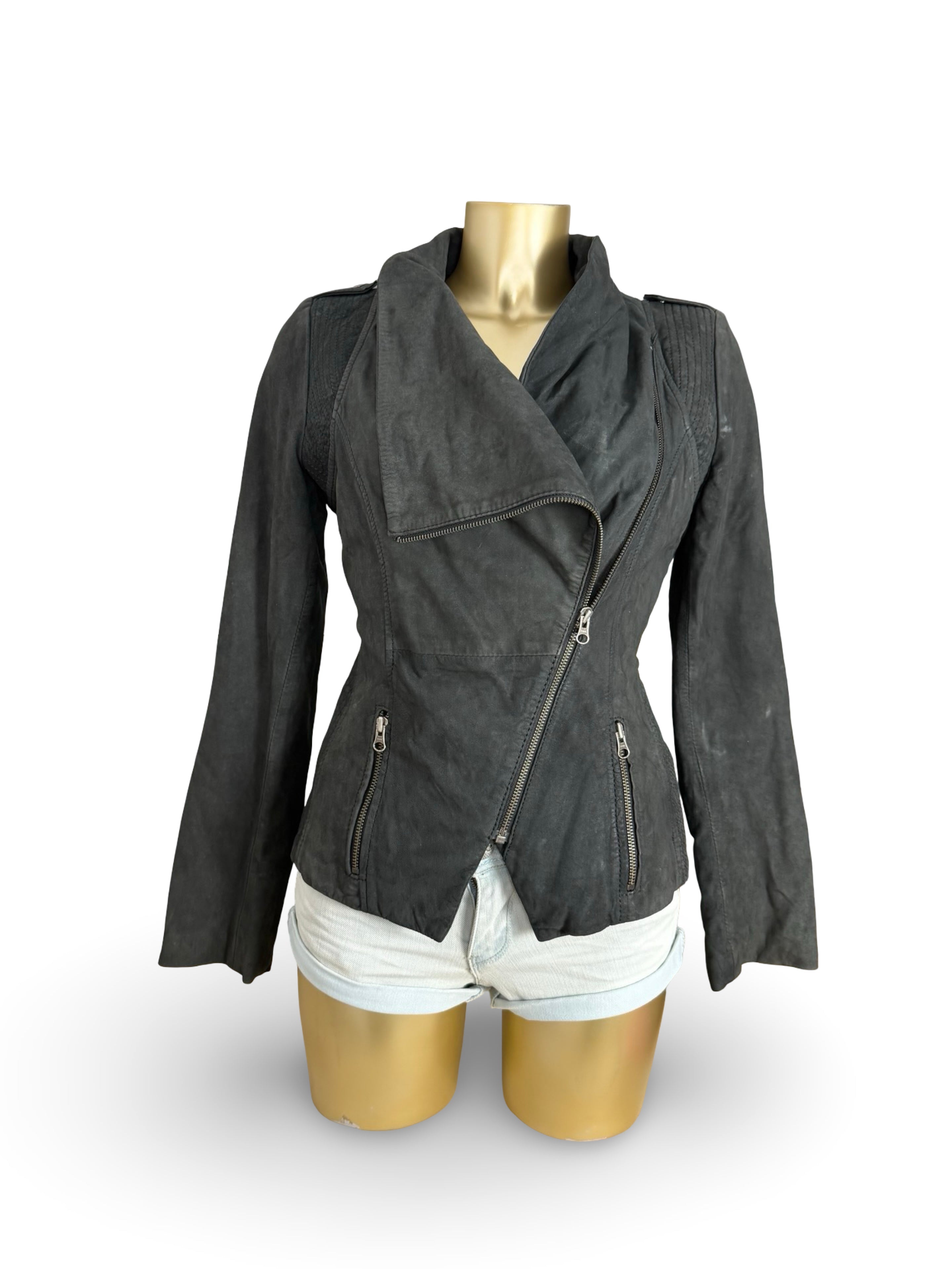 Black real suede leather funnel jacket (M)