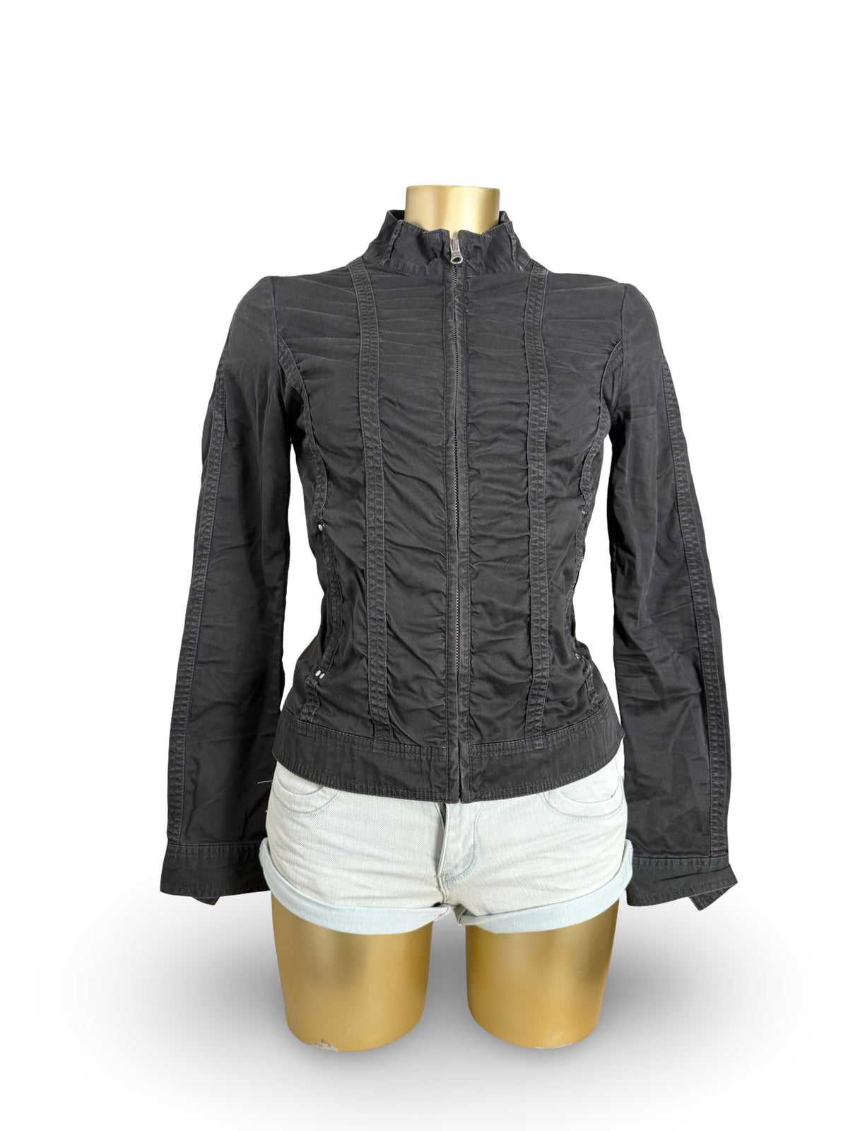 Black ruched zip up biker jacket (M)