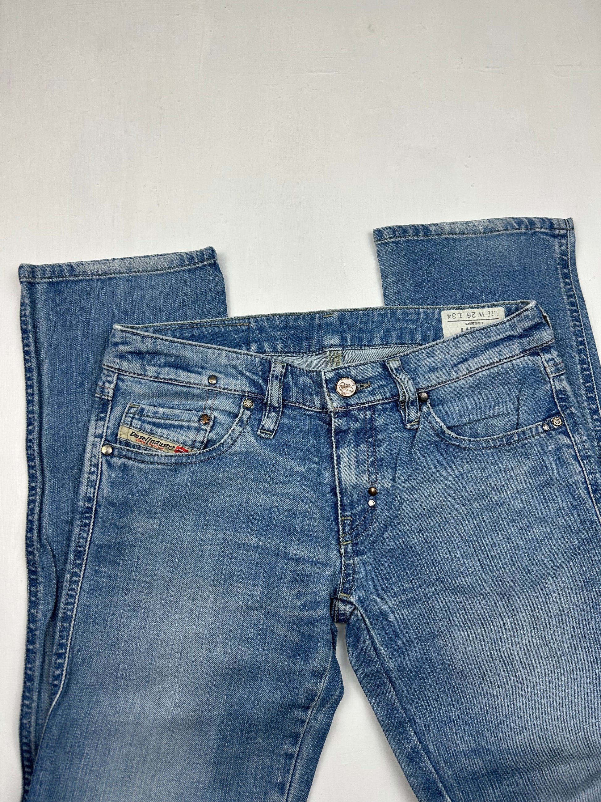 Blue low rise straight legs denim pants (S)