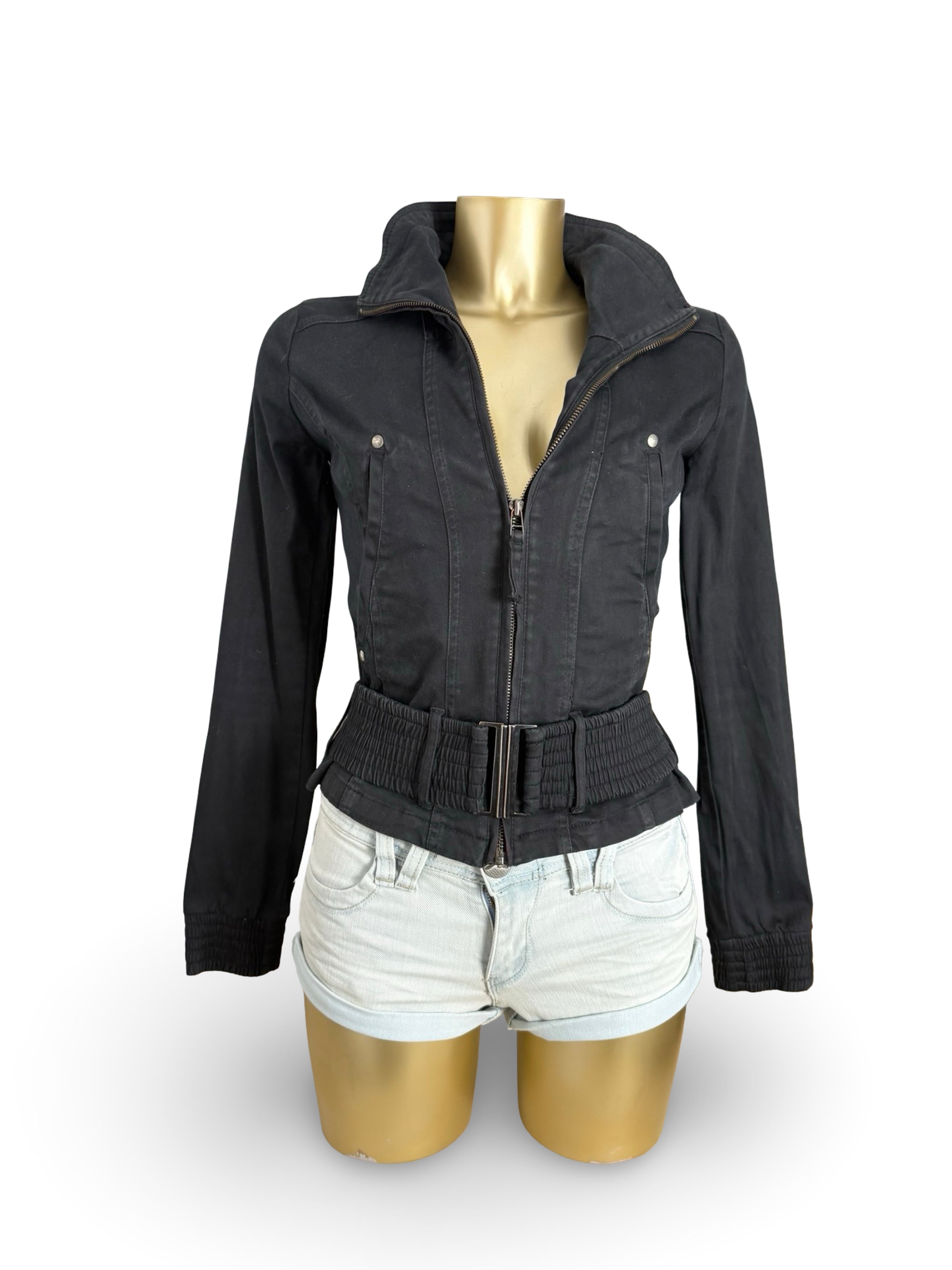 Black zip up biker jacket with belt (M)