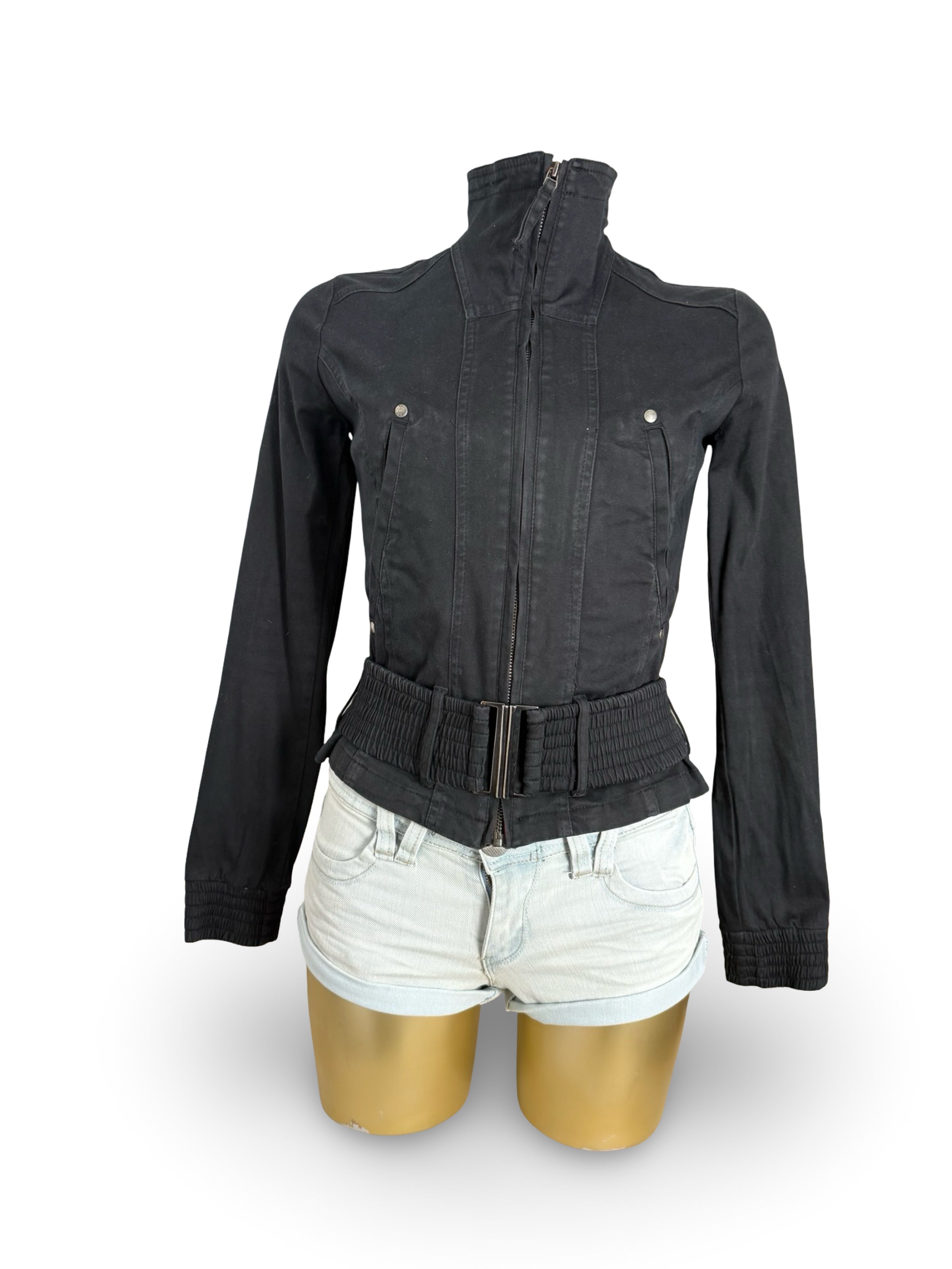 Black zip up biker jacket with belt (M)