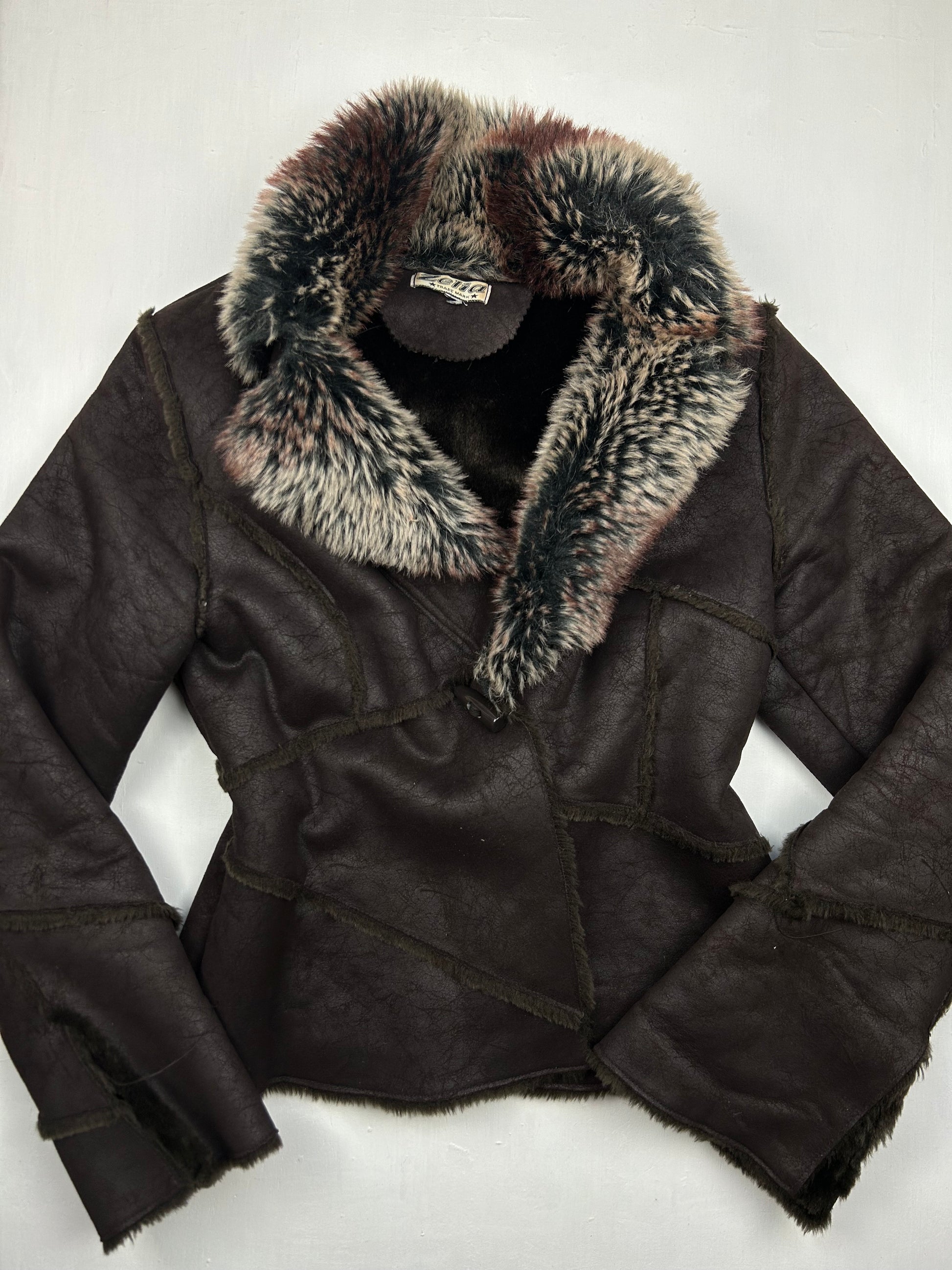 Brown suede leather biker faux fur  jacket (M)