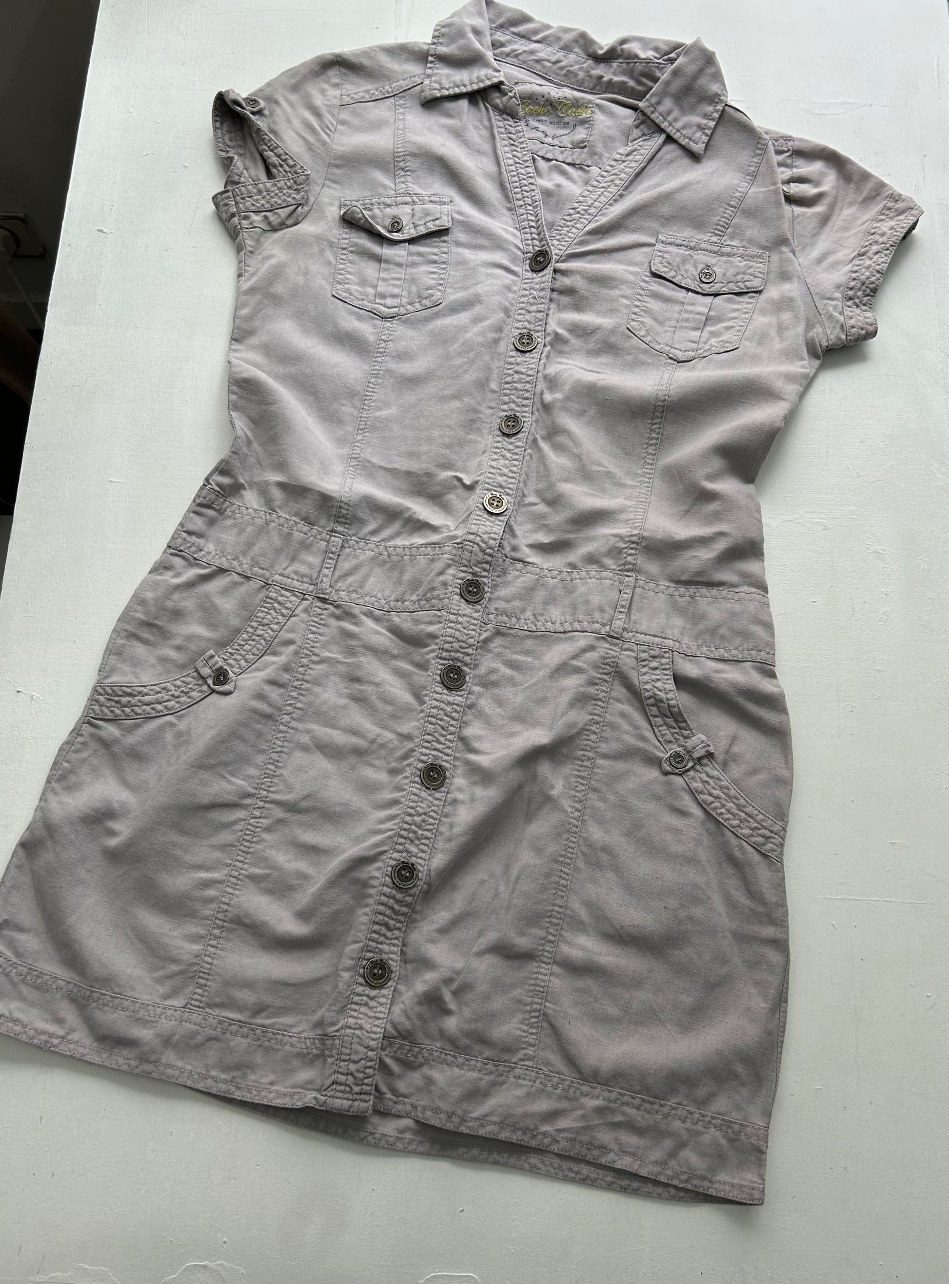 Grey linen buttons up cargo utility Y2K vintage cotton dress (M)