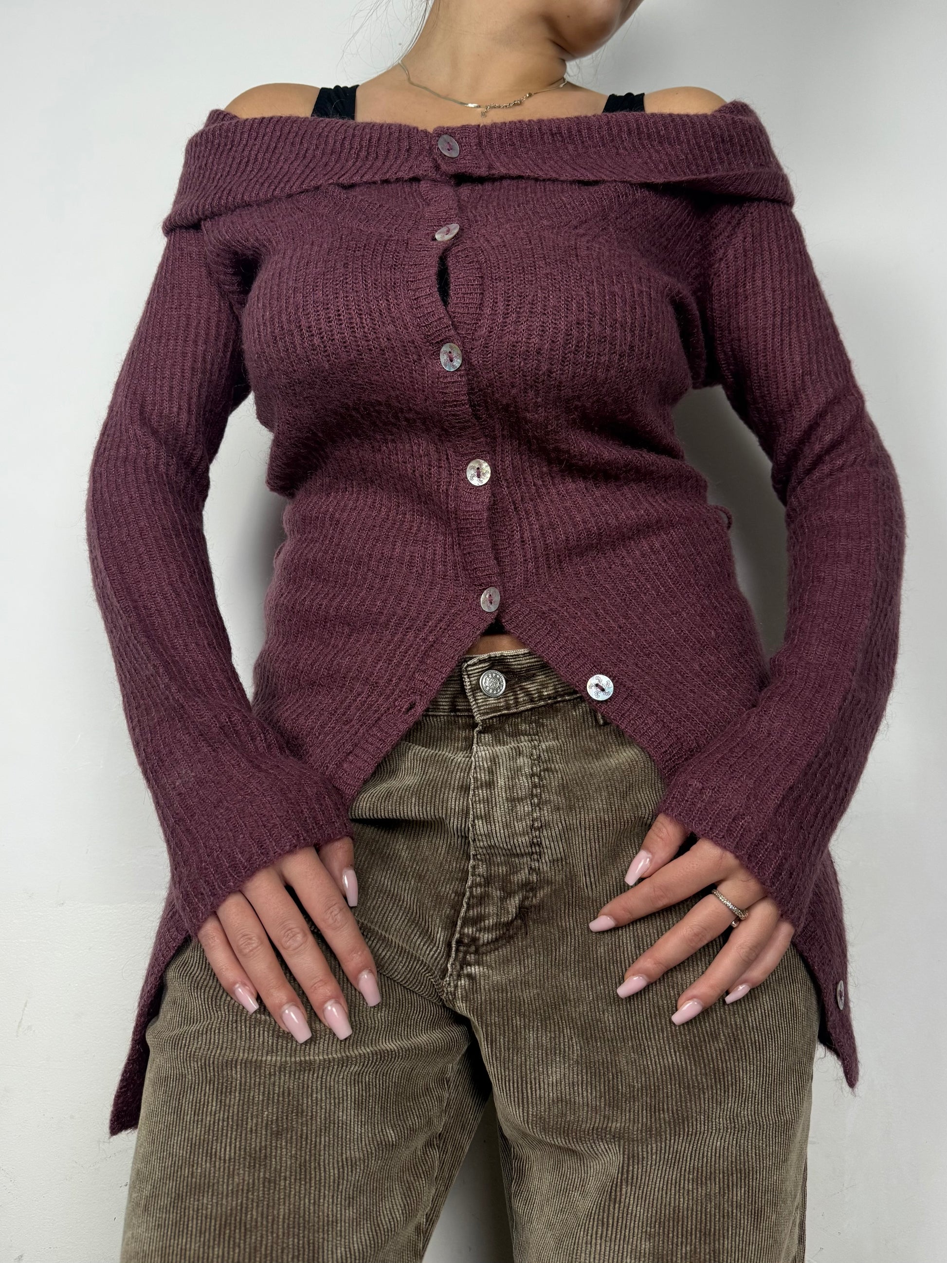 Mauve super soft bardot neck tight fit cardigan jumper (S)
