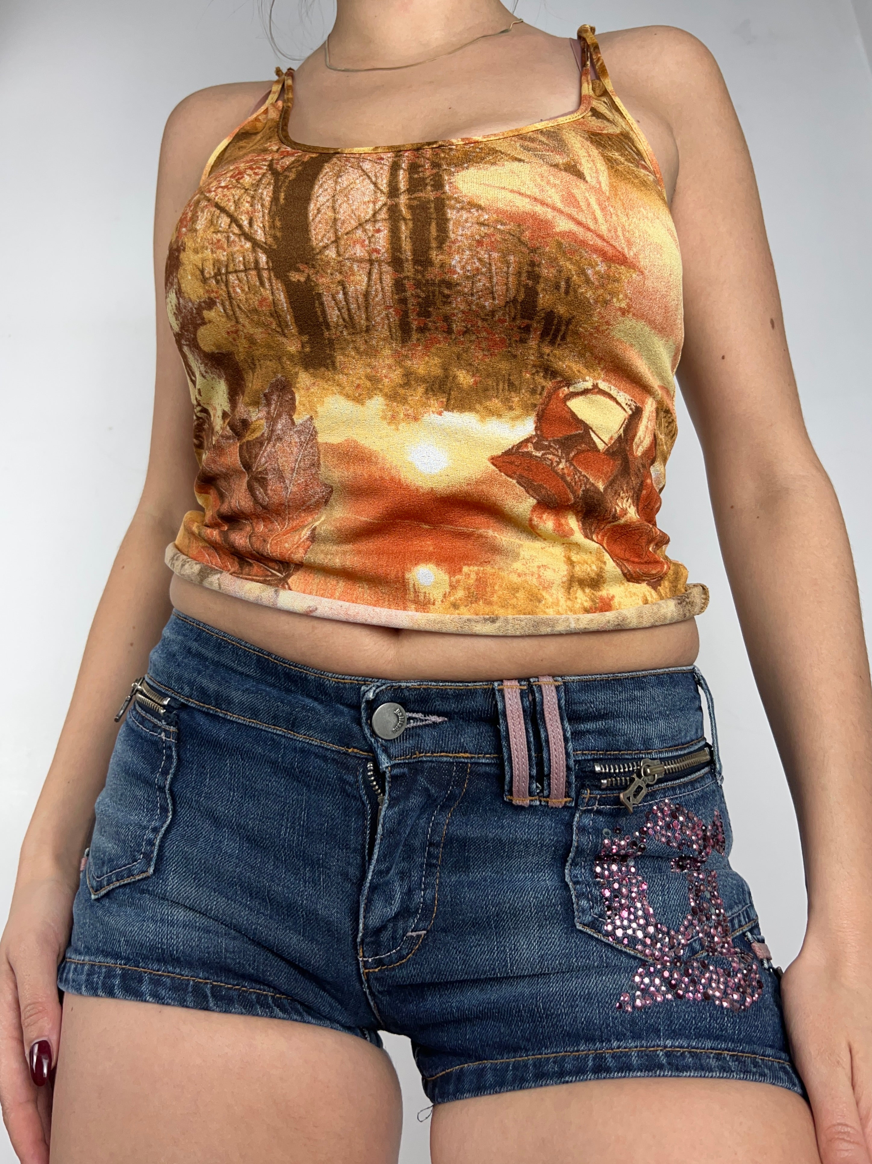 Beige graphic mesh lined cami  top (S/M)