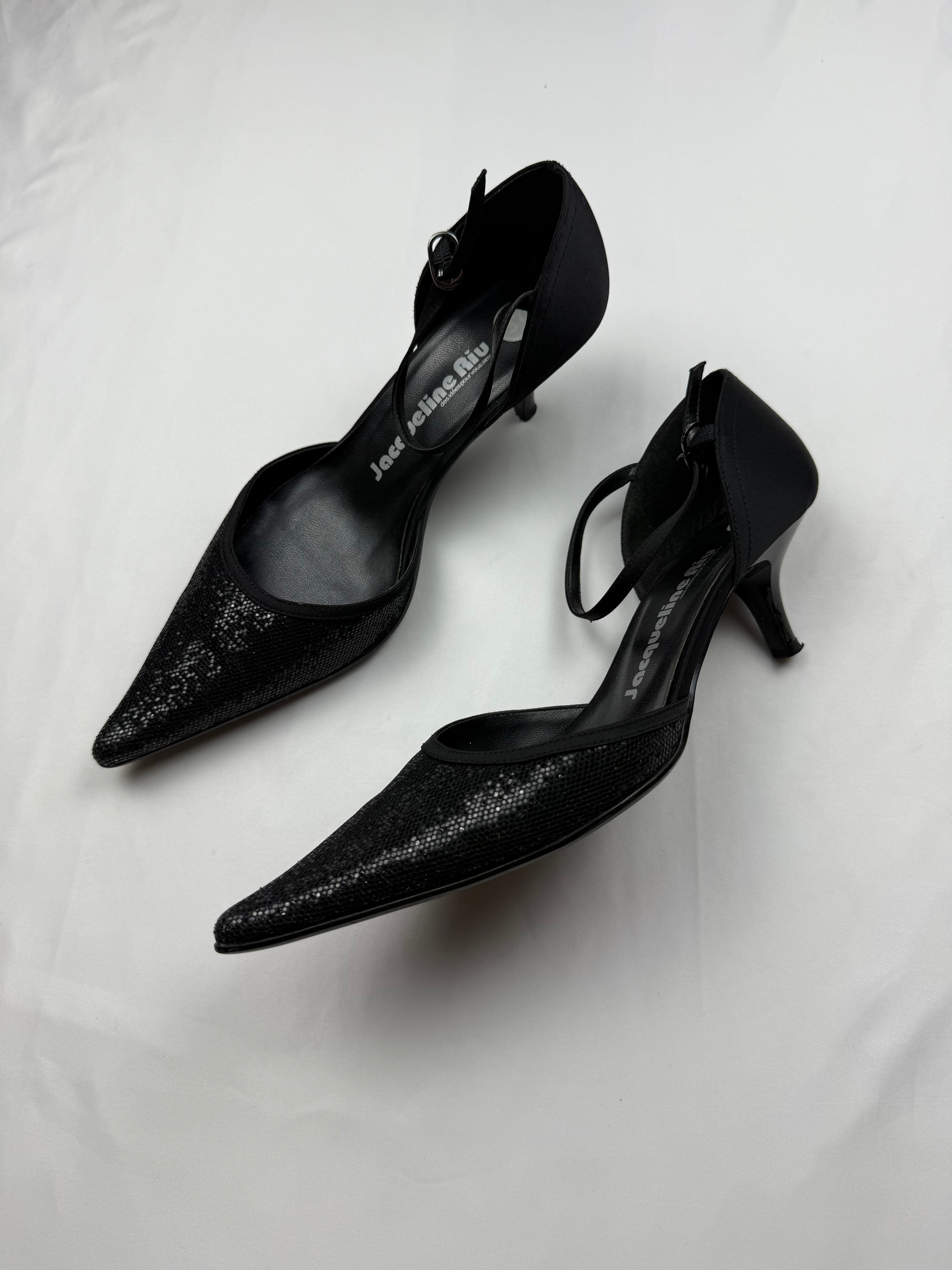 Black glitters pointed toes kitten heels shoes (37)