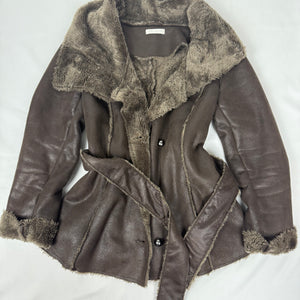 Brown suede inside faux fur tight fit trench coat with belt (S)