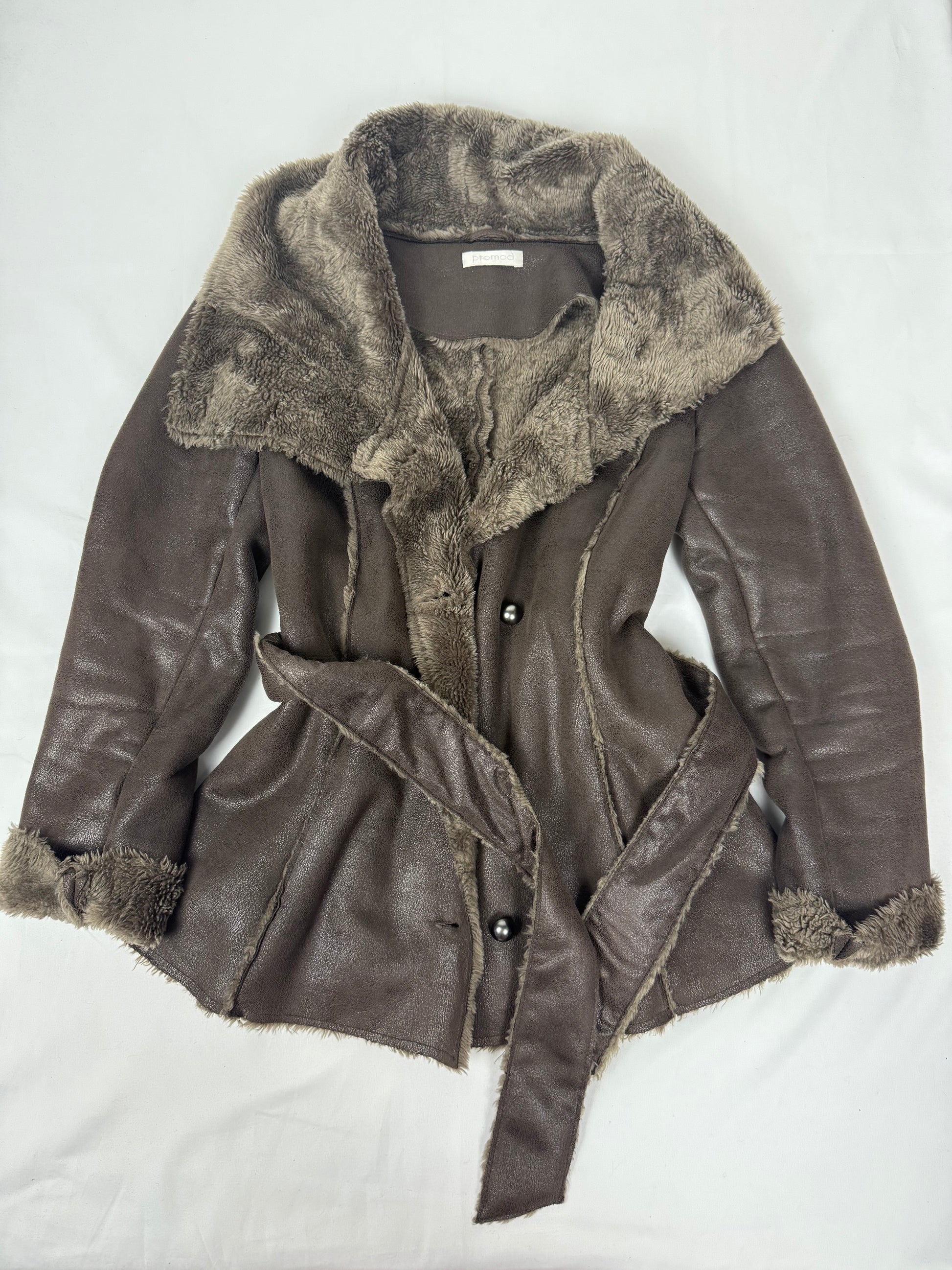 Brown suede inside faux fur tight fit trench coat with belt (S)