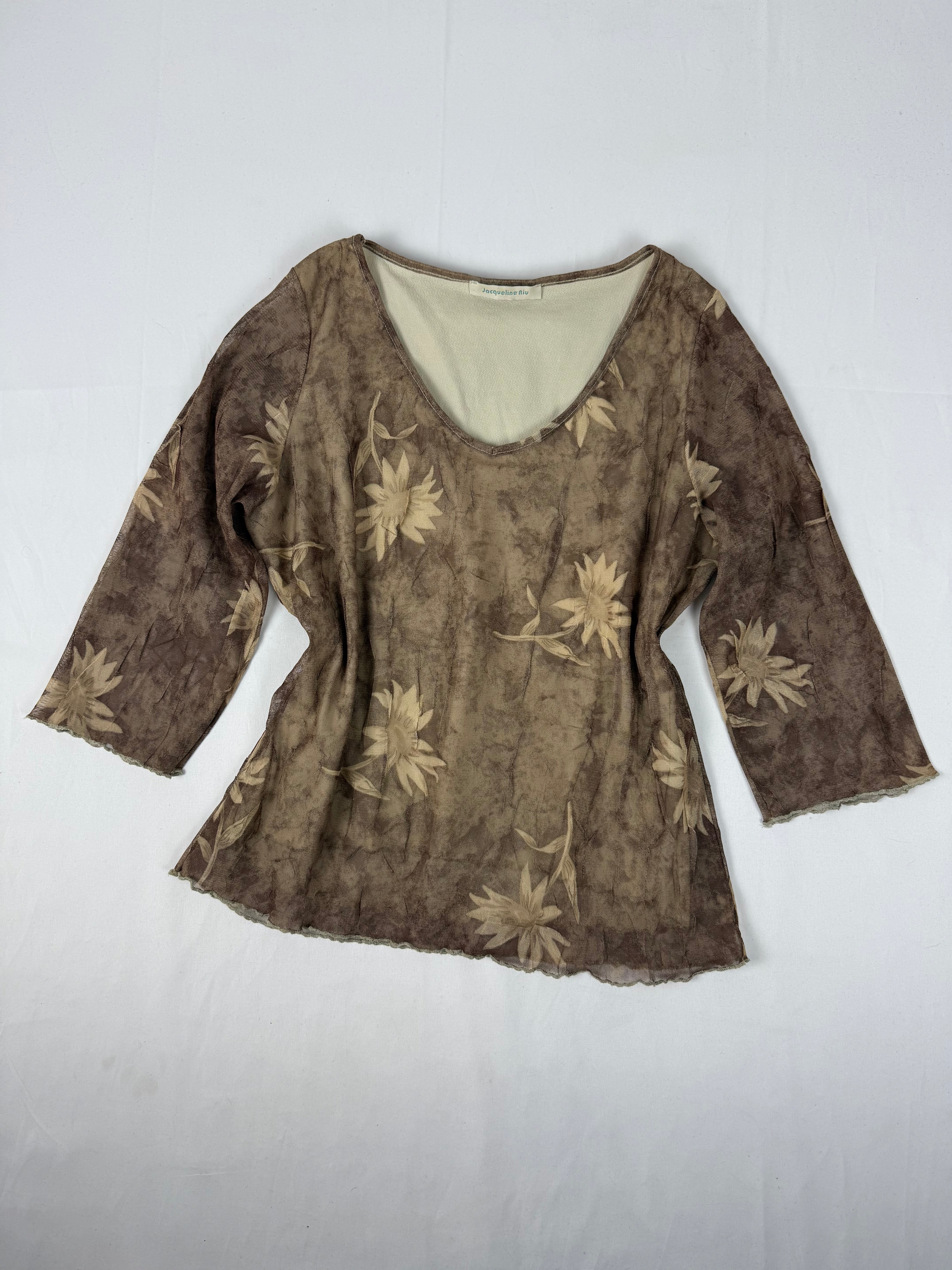 Brown mesh lined flared sleeves top (M)