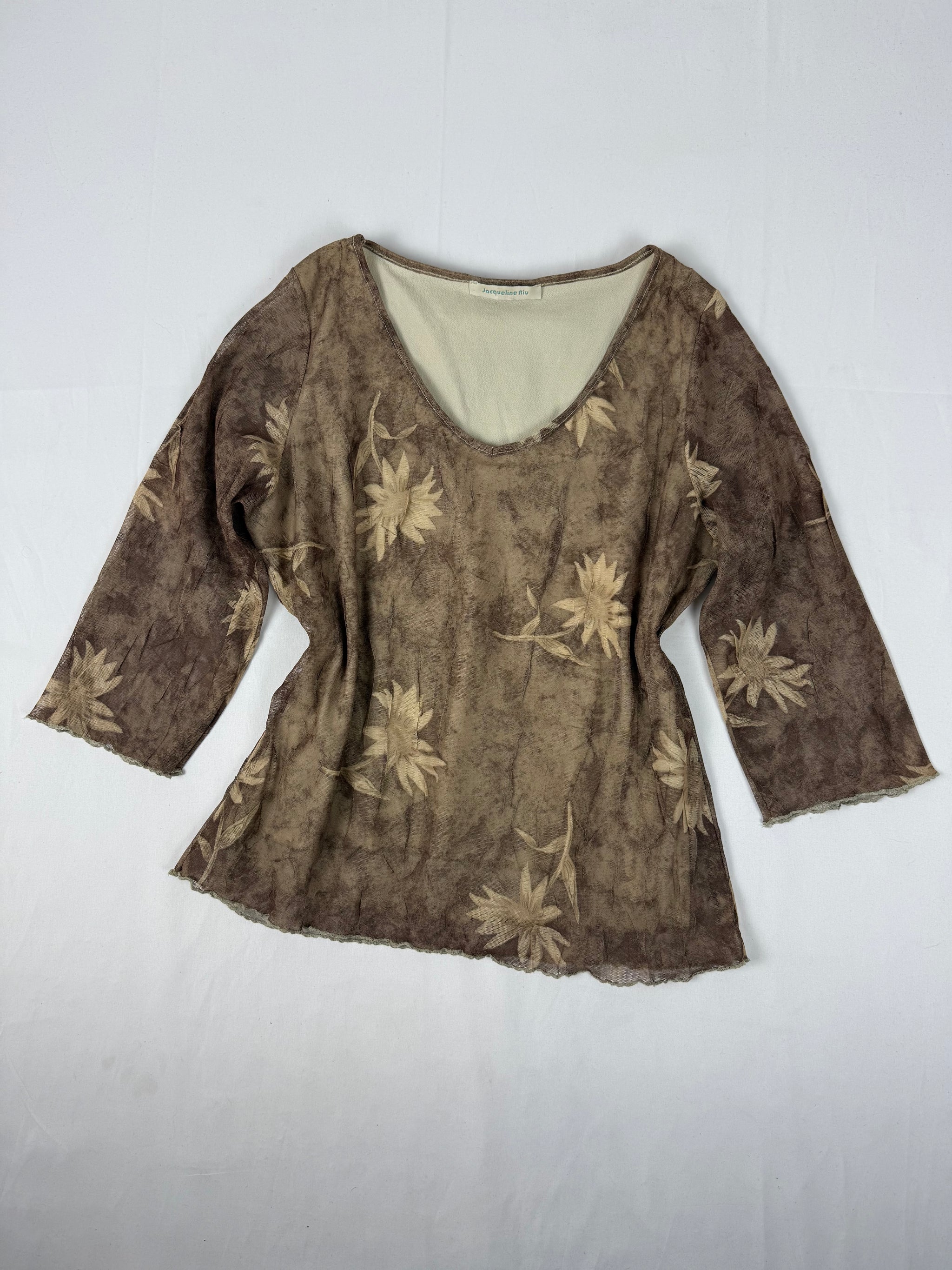 Brown mesh lined flared sleeves top (M)