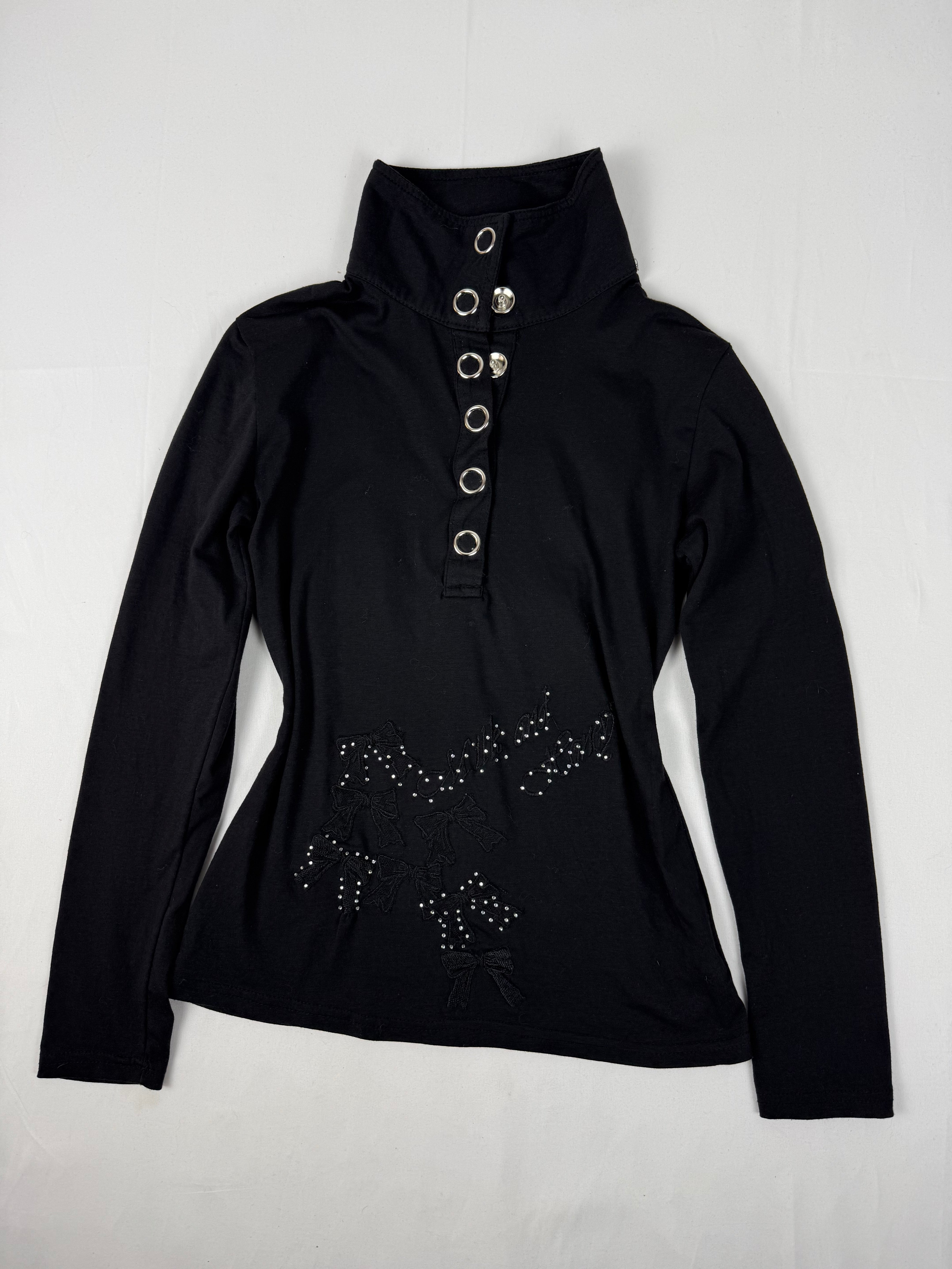 Black polo lace bow long sleeves top (S/M)