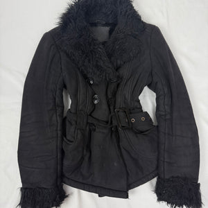 Black suede faux fur neck afghan coat (S/M)