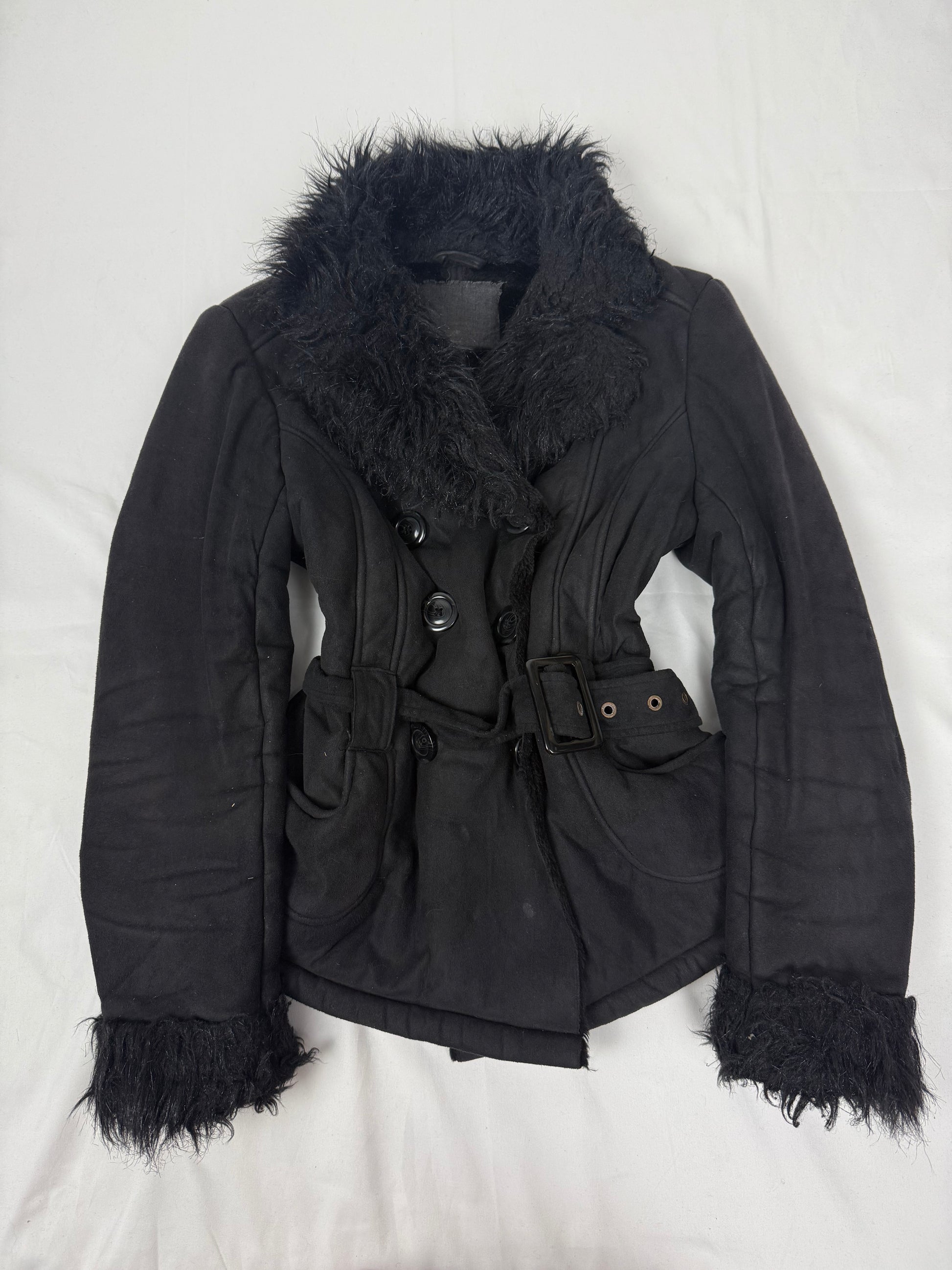 Black suede faux fur neck afghan coat (S/M)