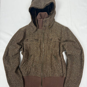 Brown inside faux fur hooded biker jacket (M)